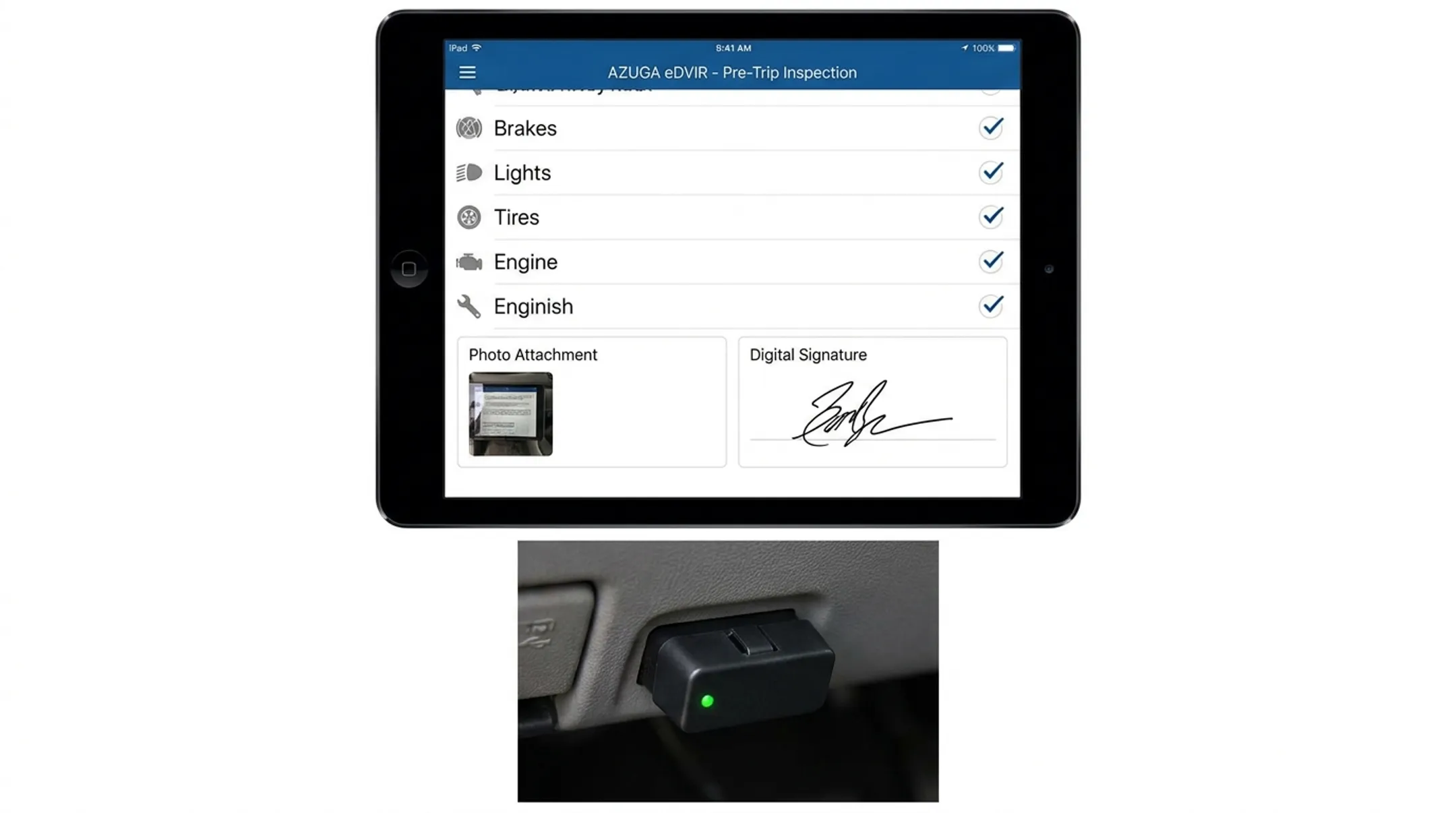 Azuga eDVIR mobile app interface for pre-trip vehicle inspections