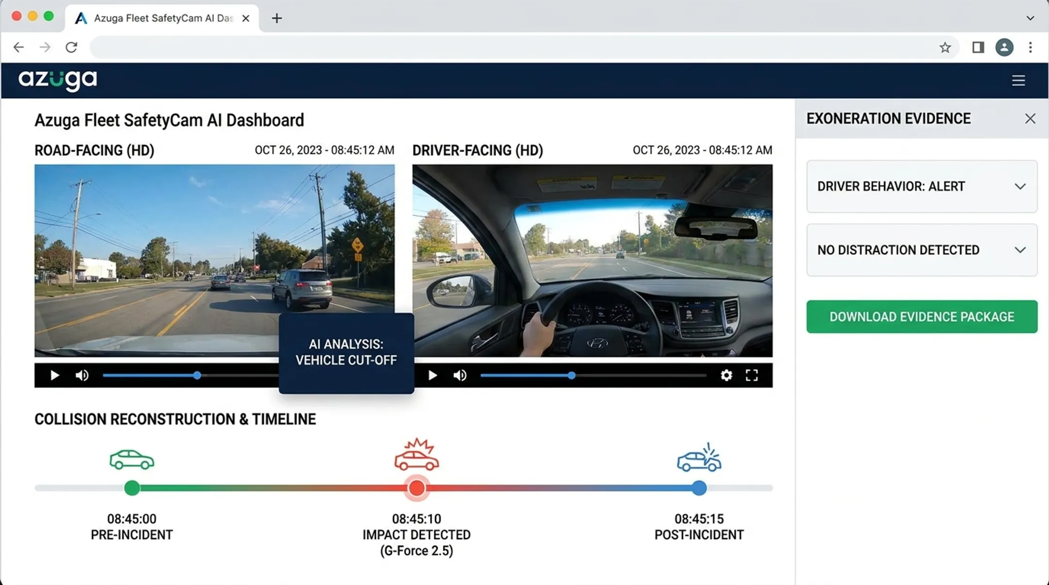 Azuga SafetyCam AI dashcam footage reconstructing vehicle collision incident