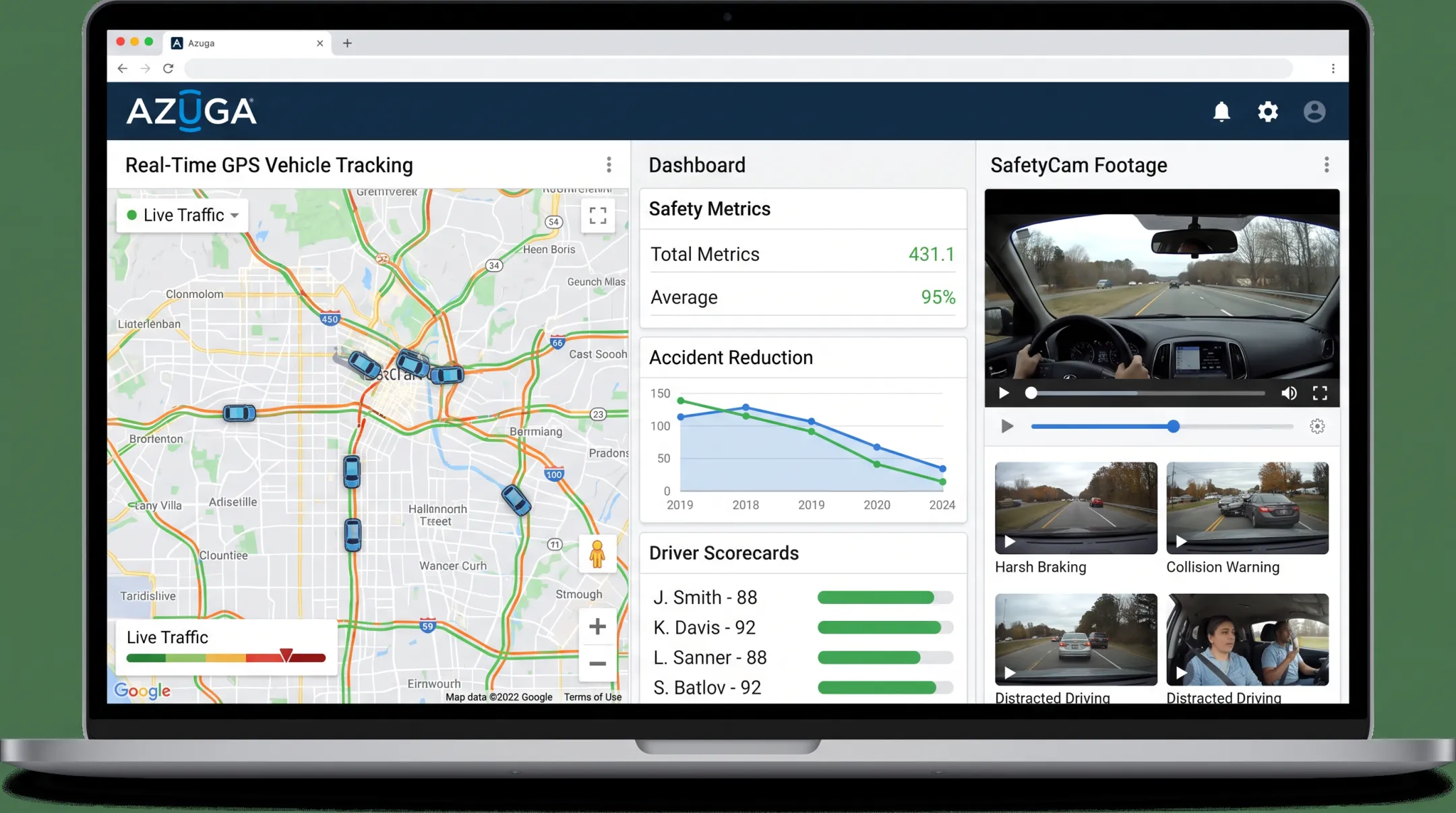 Azuga fleet safety dashboard showing GPS tracking and dashcam footage