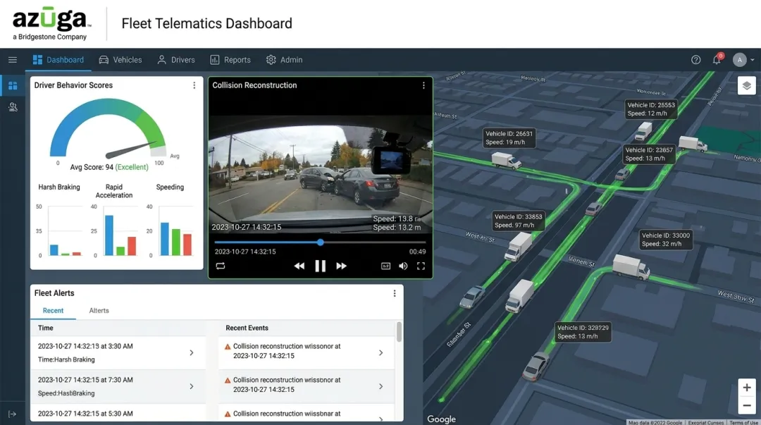 Azuga fleet management dashboard showing GPS tracking and collision video evidence