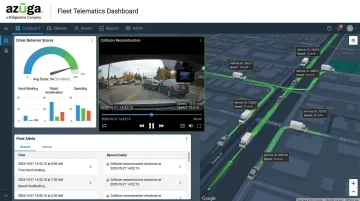 Azuga fleet management dashboard showing GPS tracking and collision video evidence
