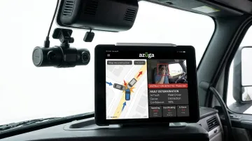 Azuga SafetyCam AI dash cam interface showing collision reconstruction alert