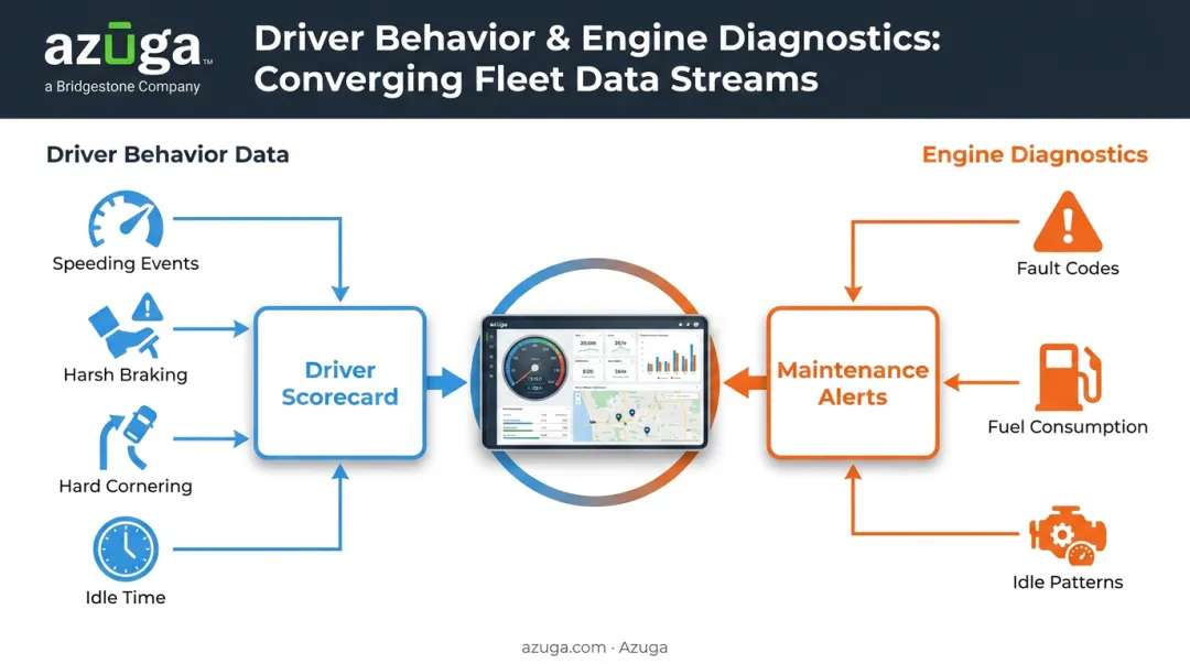 Semi truck GPS tracker data points feeding driver scorecards and engine diagnostics