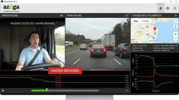 Azuga SafetyCam AI dashcam interface showing collision reconstruction footage and telematics data