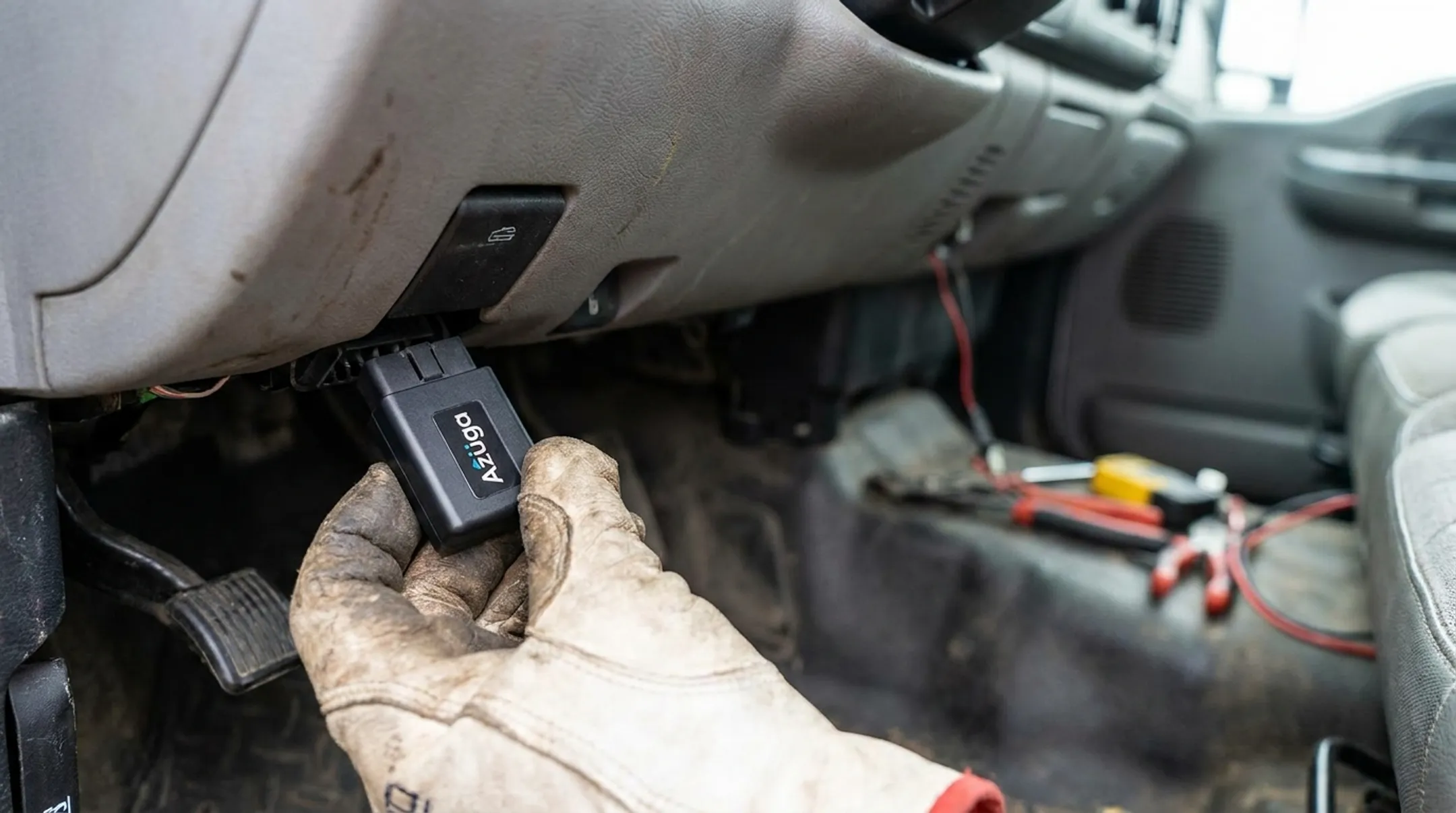 Azuga battery-powered GPS asset tracker mounted on equipment