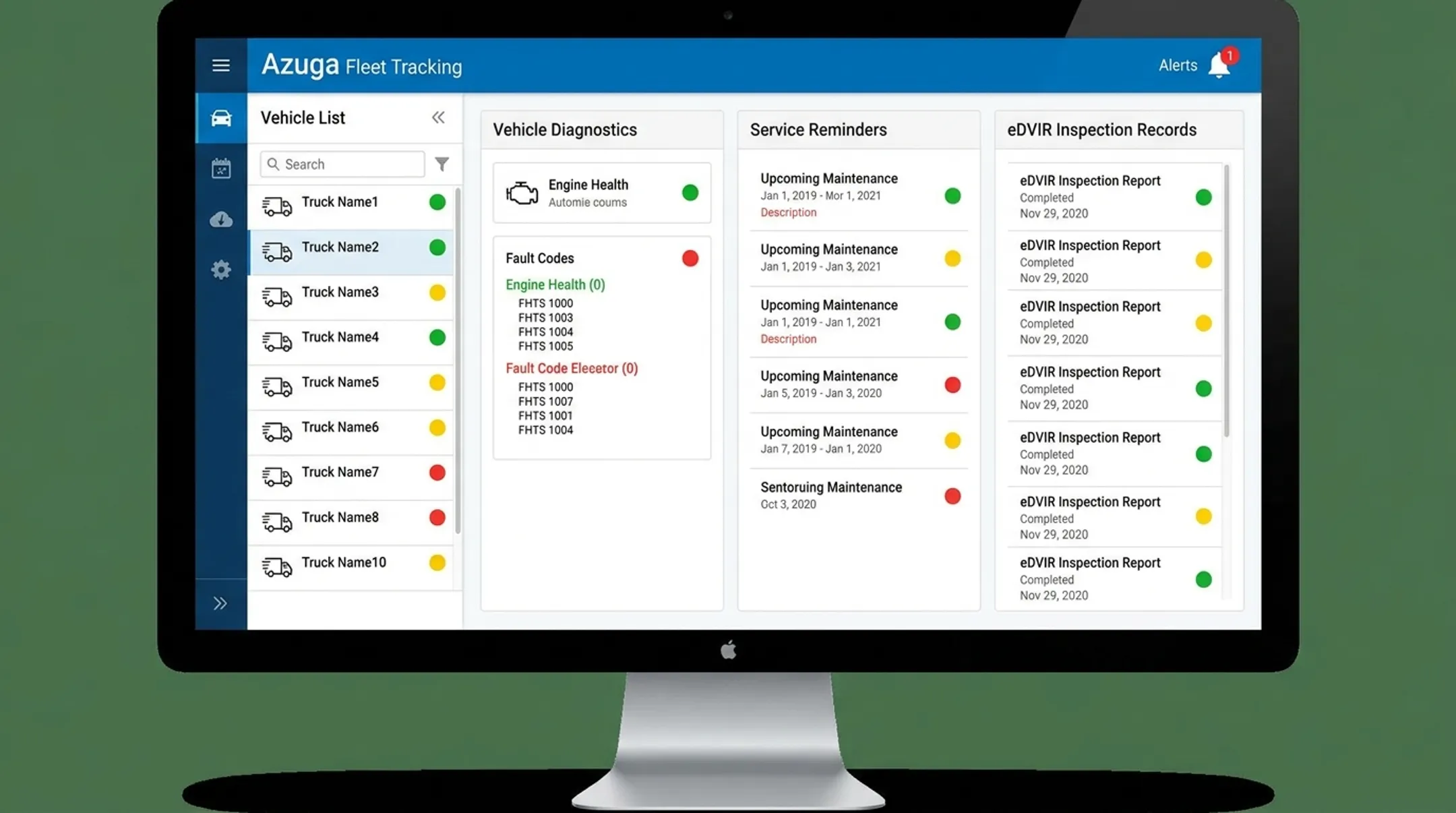 Azuga Fleet Tracking dashboard showing vehicle diagnostics and maintenance alerts