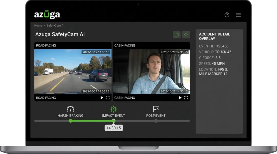 Azuga SafetyCam AI dashcam footage showing collision reconstruction interface