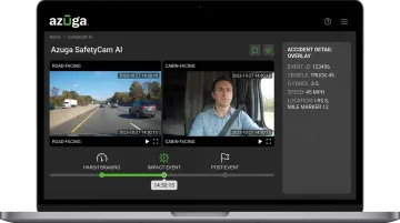 Azuga SafetyCam AI dashcam footage showing collision reconstruction interface