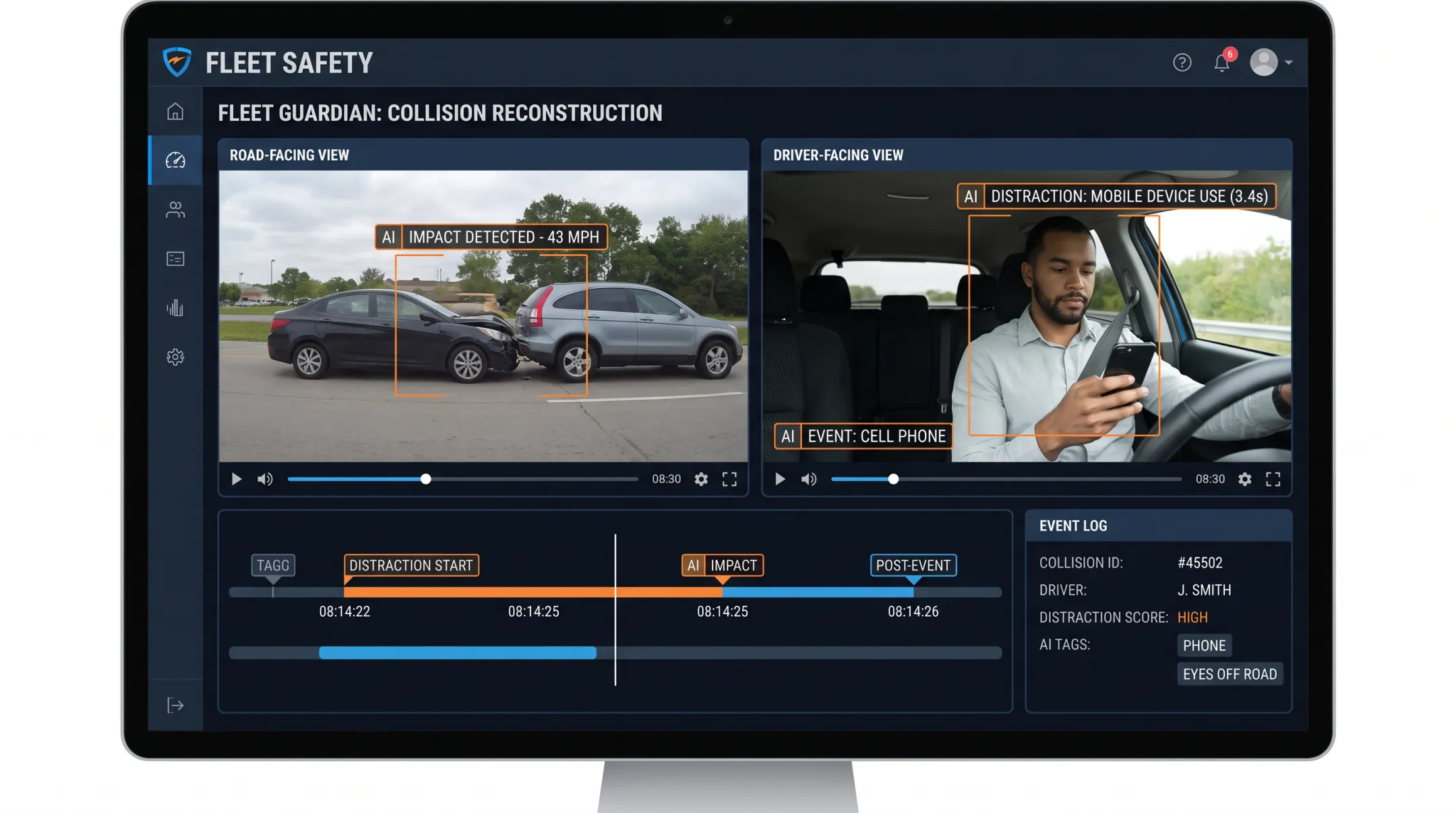Dashcam collision reconstruction footage with AI-tagged distraction event markers