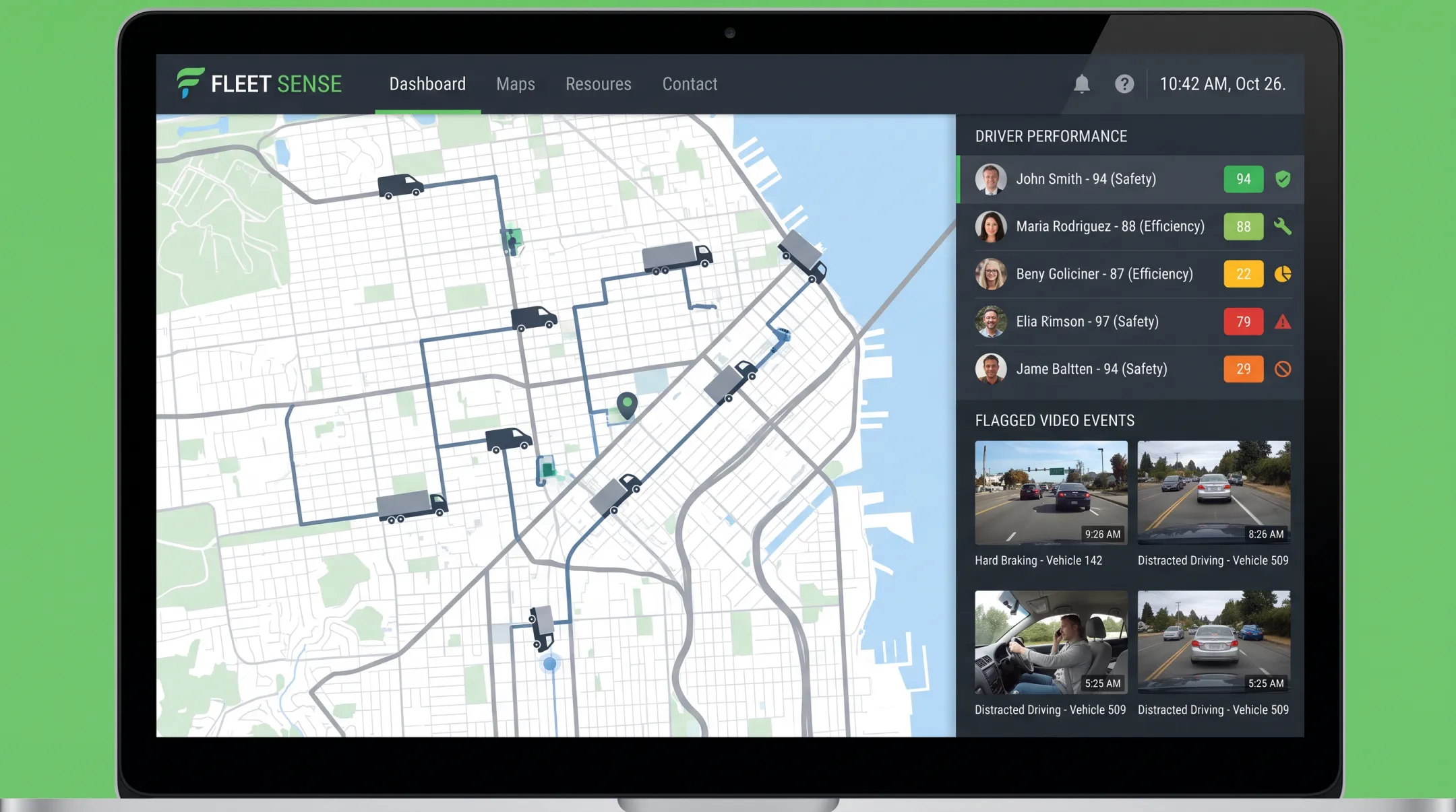 Fleet manager dashboard showing GPS tracking and driver safety scores