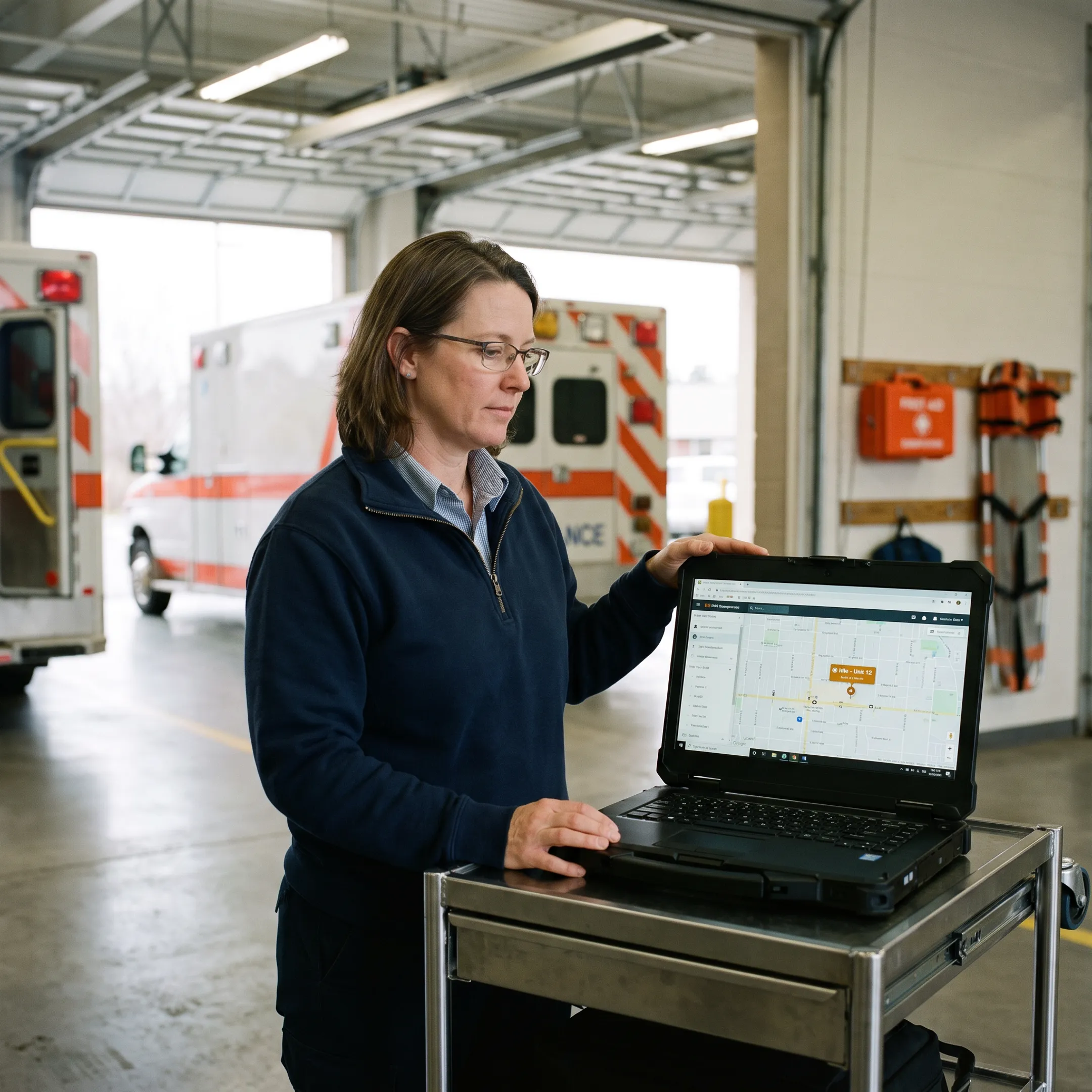 EMS supervisor reviewing ambulance locations on a fleet dashboard