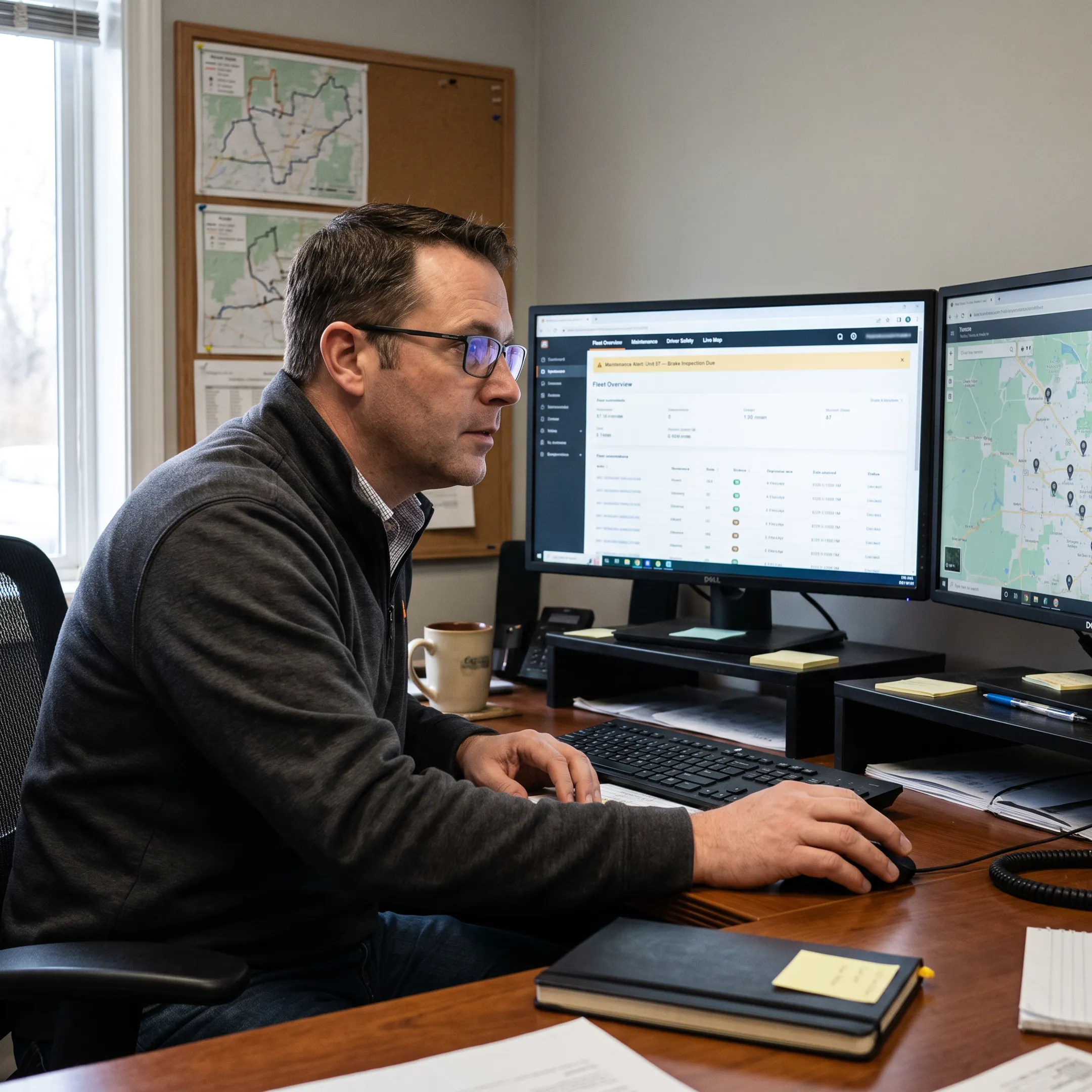 Fleet manager reviewing ambulance maintenance and safety data