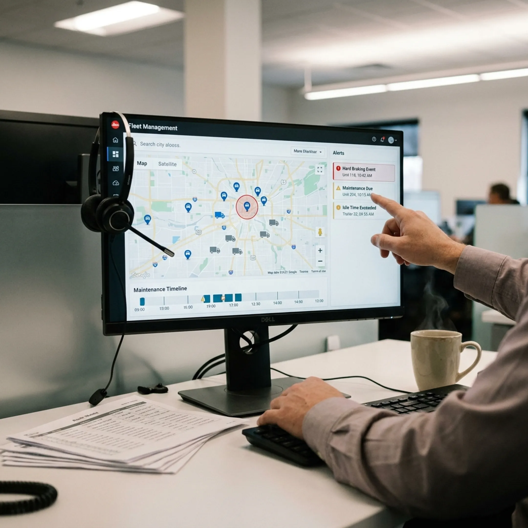 Transportation assets tracked through a fleet management dashboard
