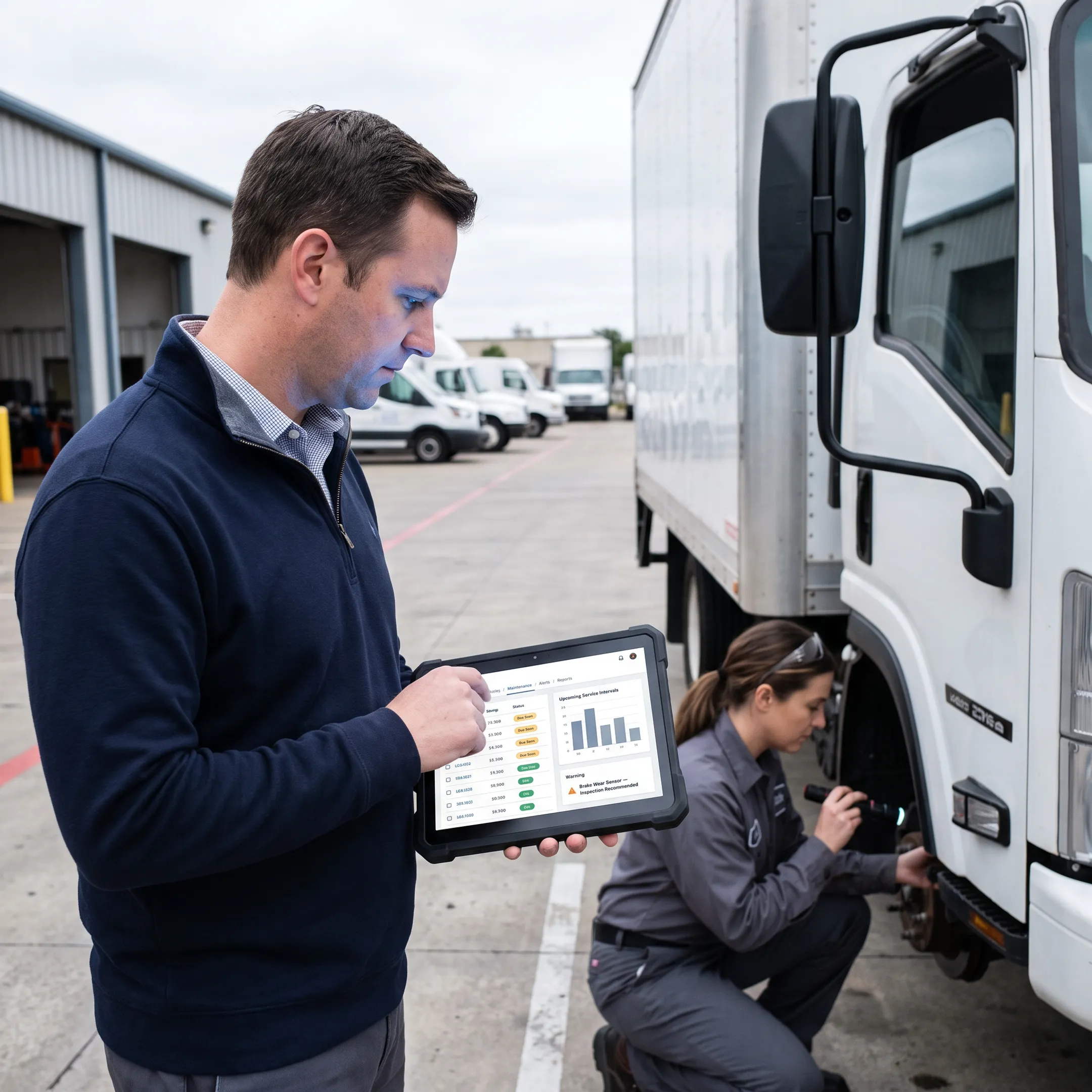 Technician checking a fleet vehicle while manager views dashboard