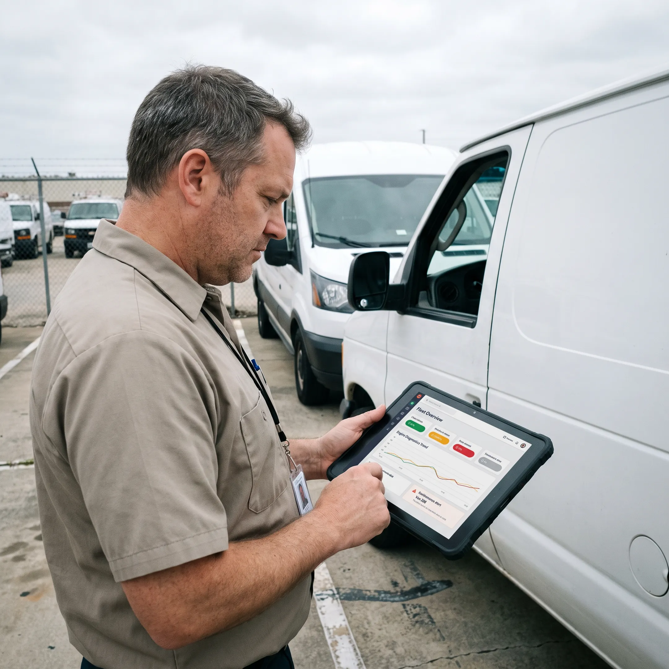 Fleet manager reviewing vehicle maintenance data
