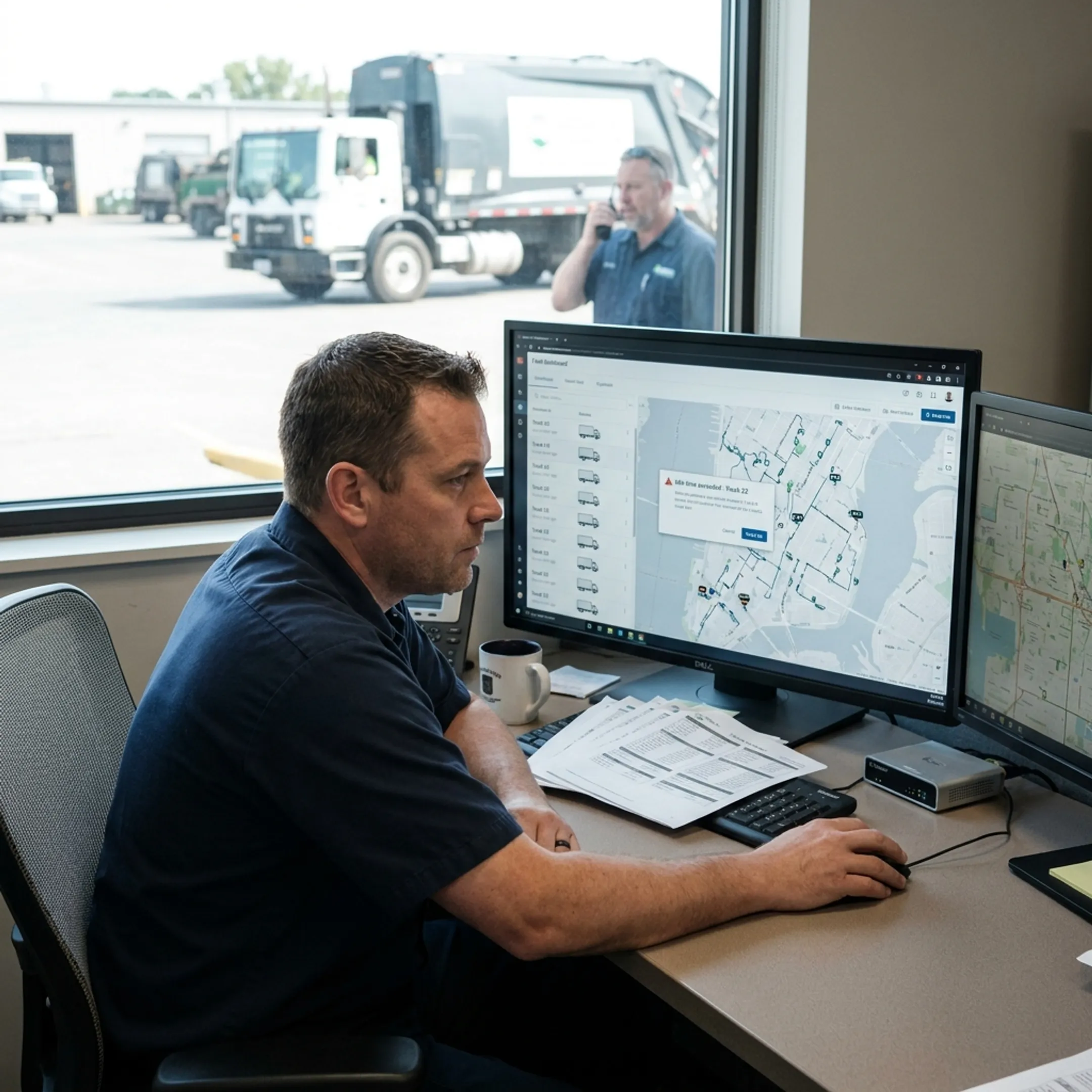 Waste collection fleet monitored on a dispatch dashboard