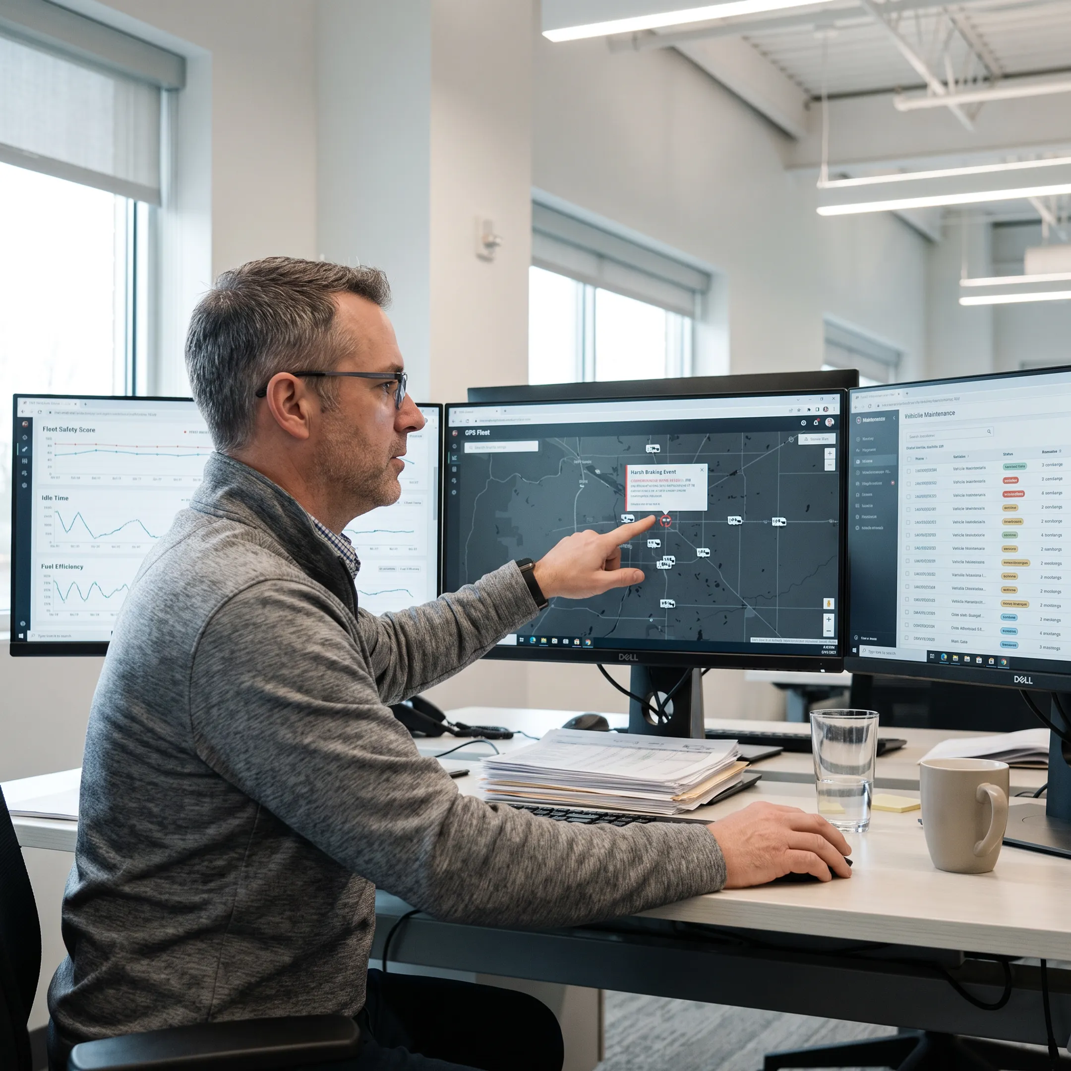 Fleet manager reviewing waste collection vehicle data