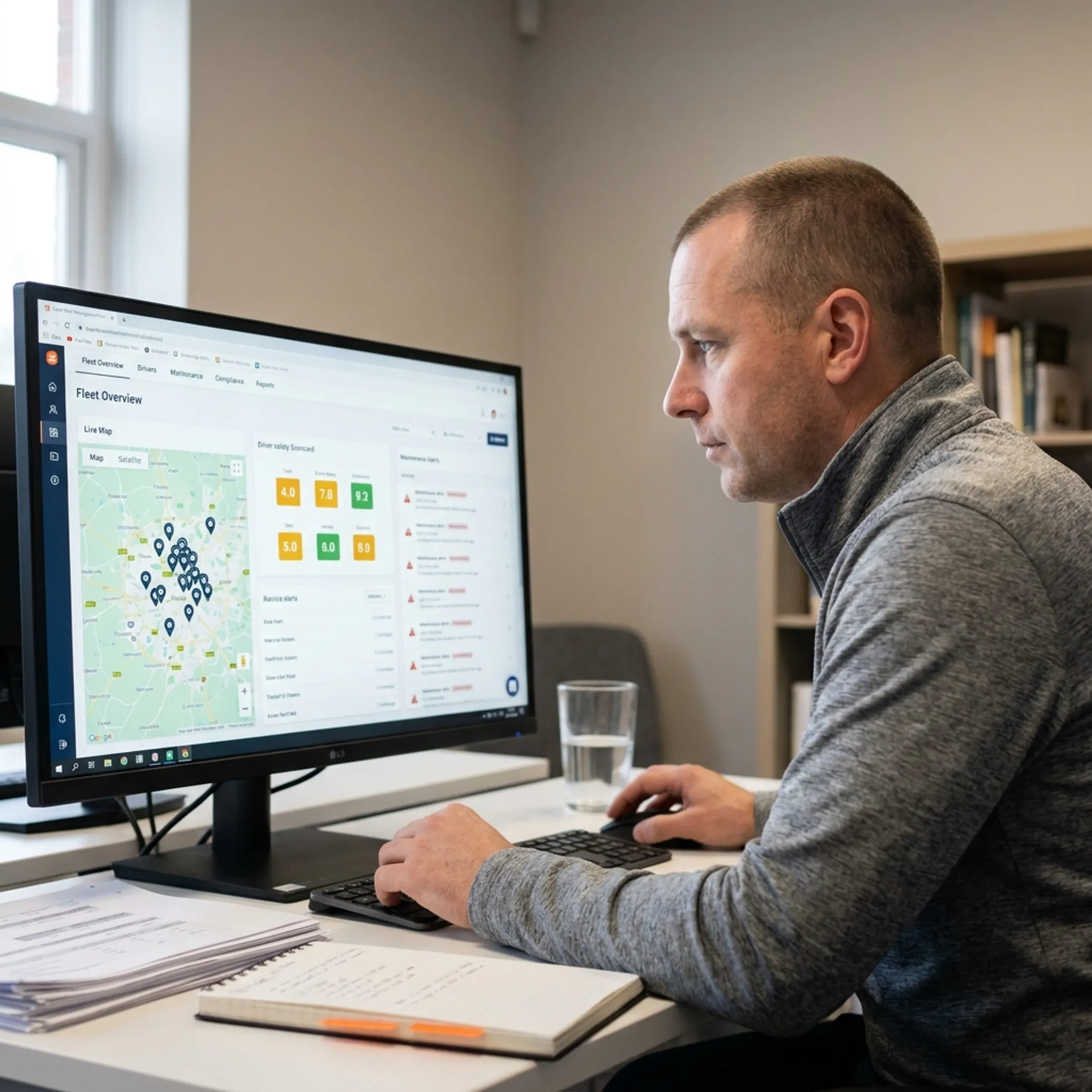 Fleet manager reviewing vehicle compliance data