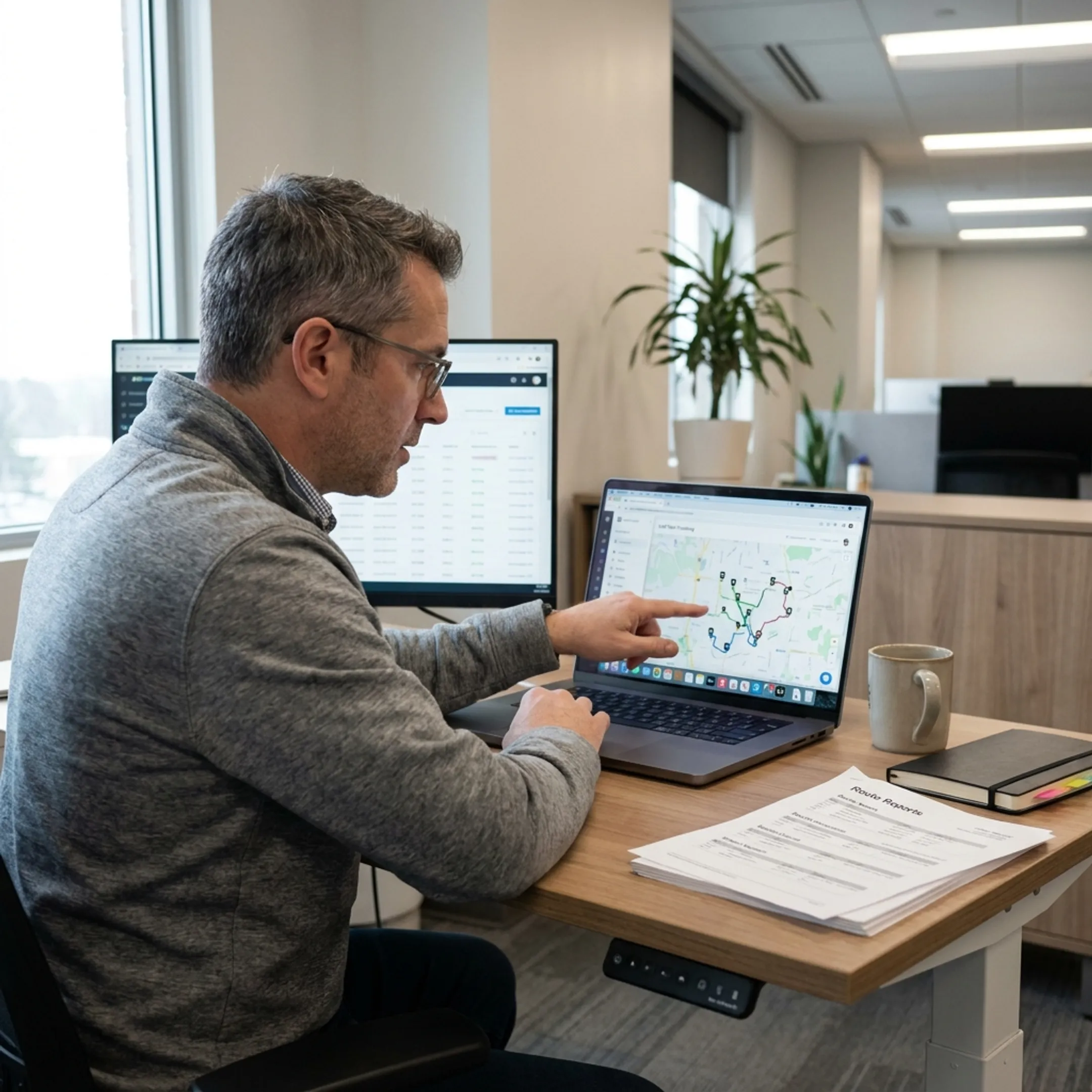 Fleet manager reviewing live GPS vehicle locations