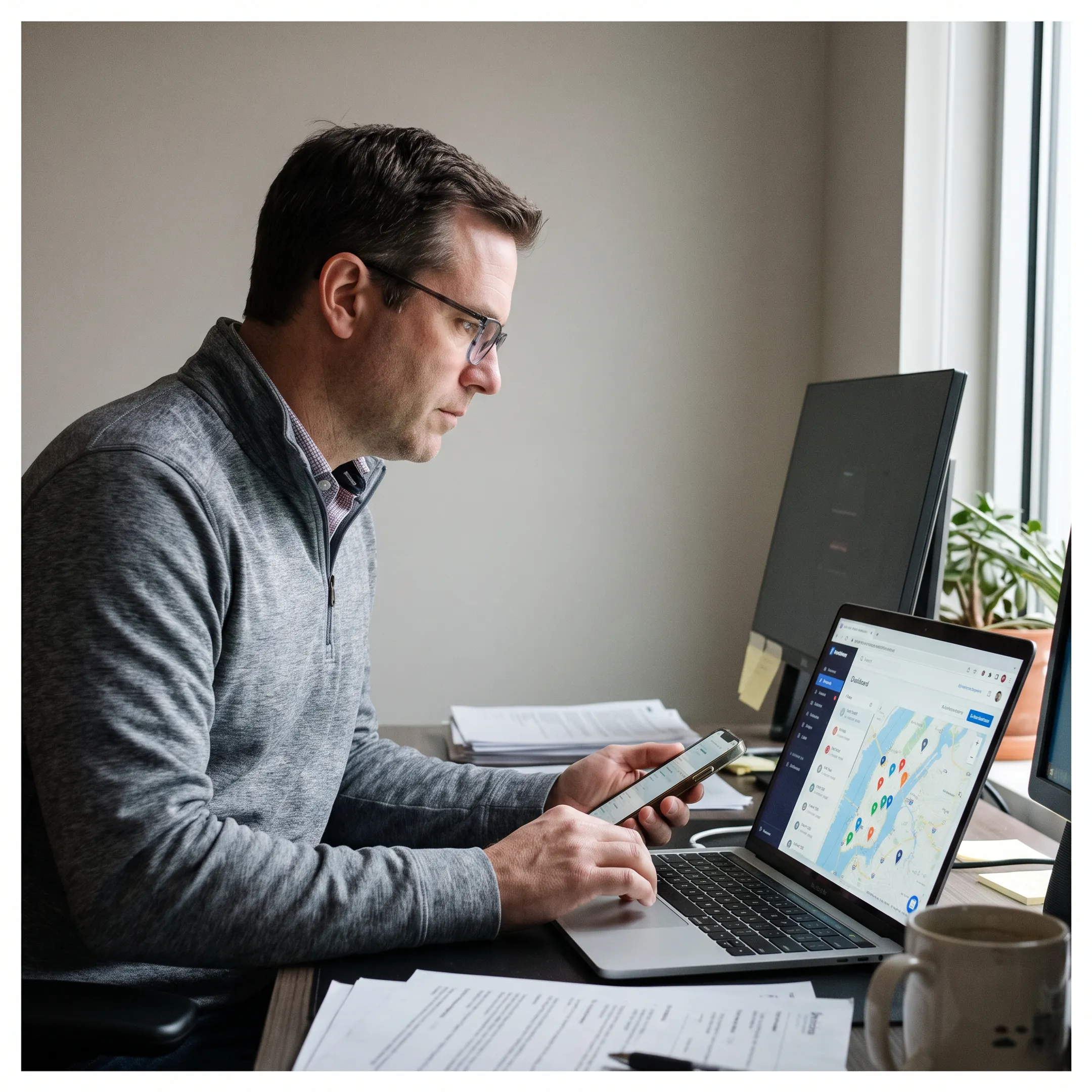 Fleet manager viewing tracked equipment on a live map