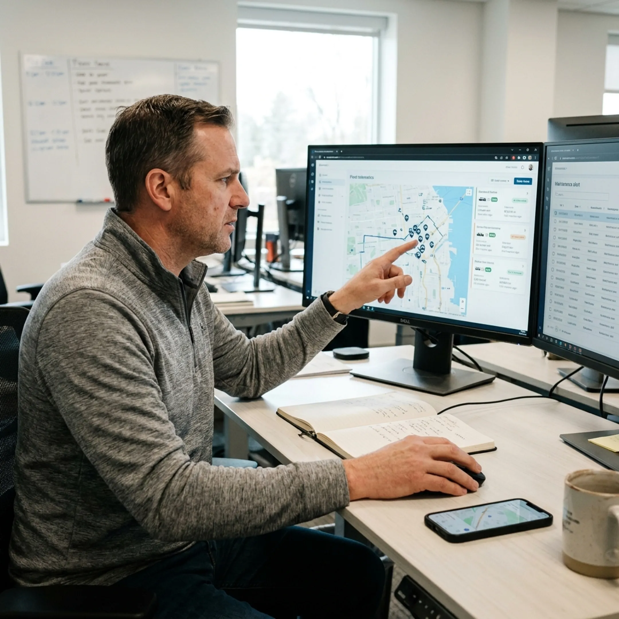 Fleet manager reviewing vehicle locations on a cloud dashboard