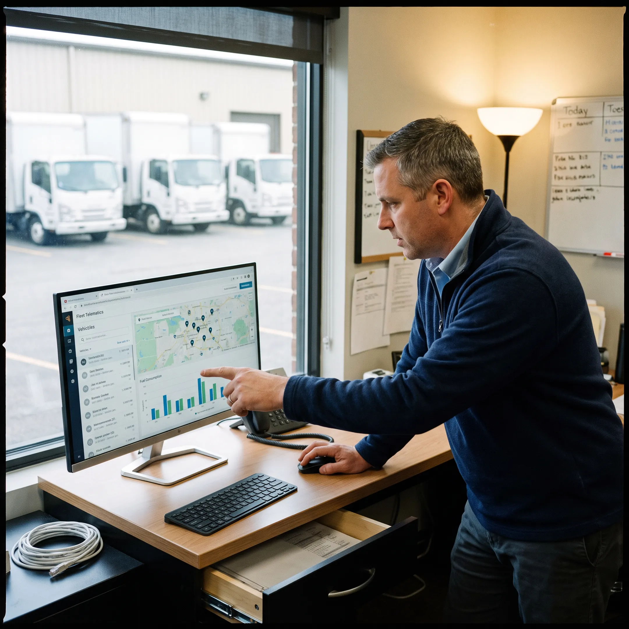 Fleet manager reviewing fuel and vehicle data