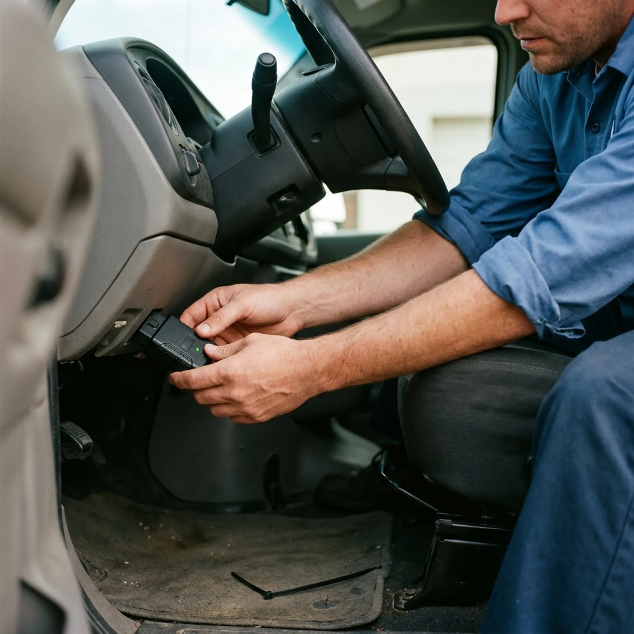 Technician installing a GPS tracker in a work vehicle