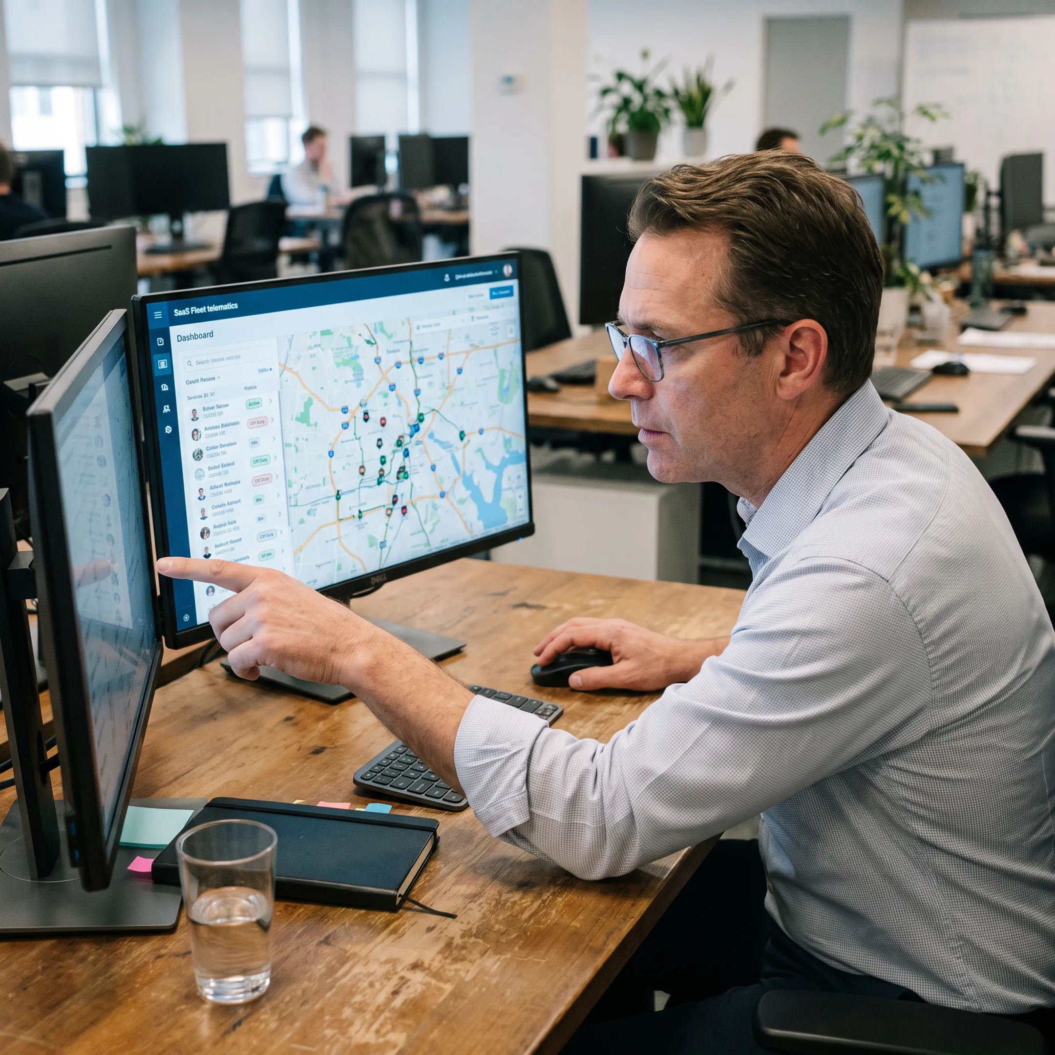 Fleet manager reviewing live vehicle locations on a tracking dashboard
