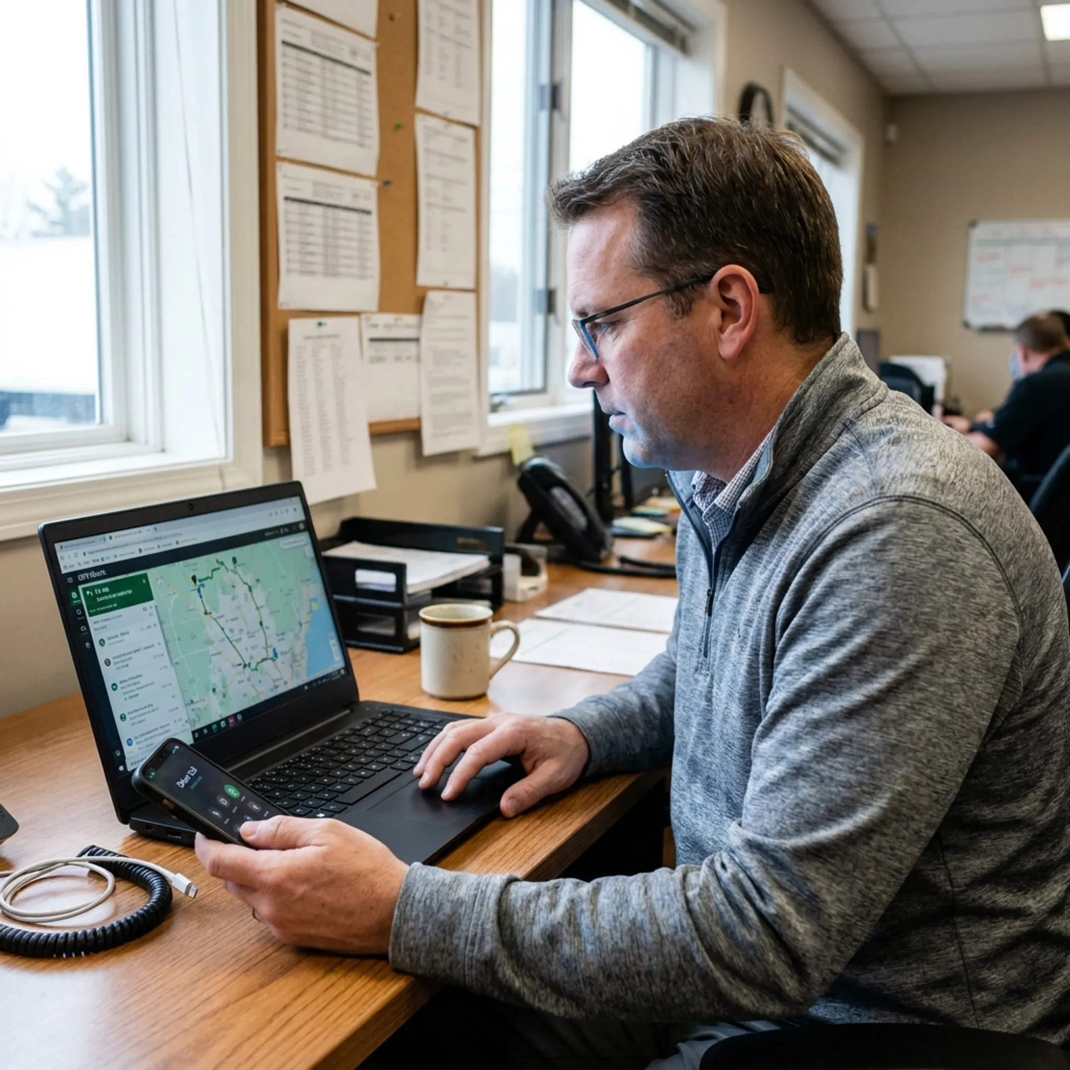 Fleet manager planning efficient routes with live GPS data