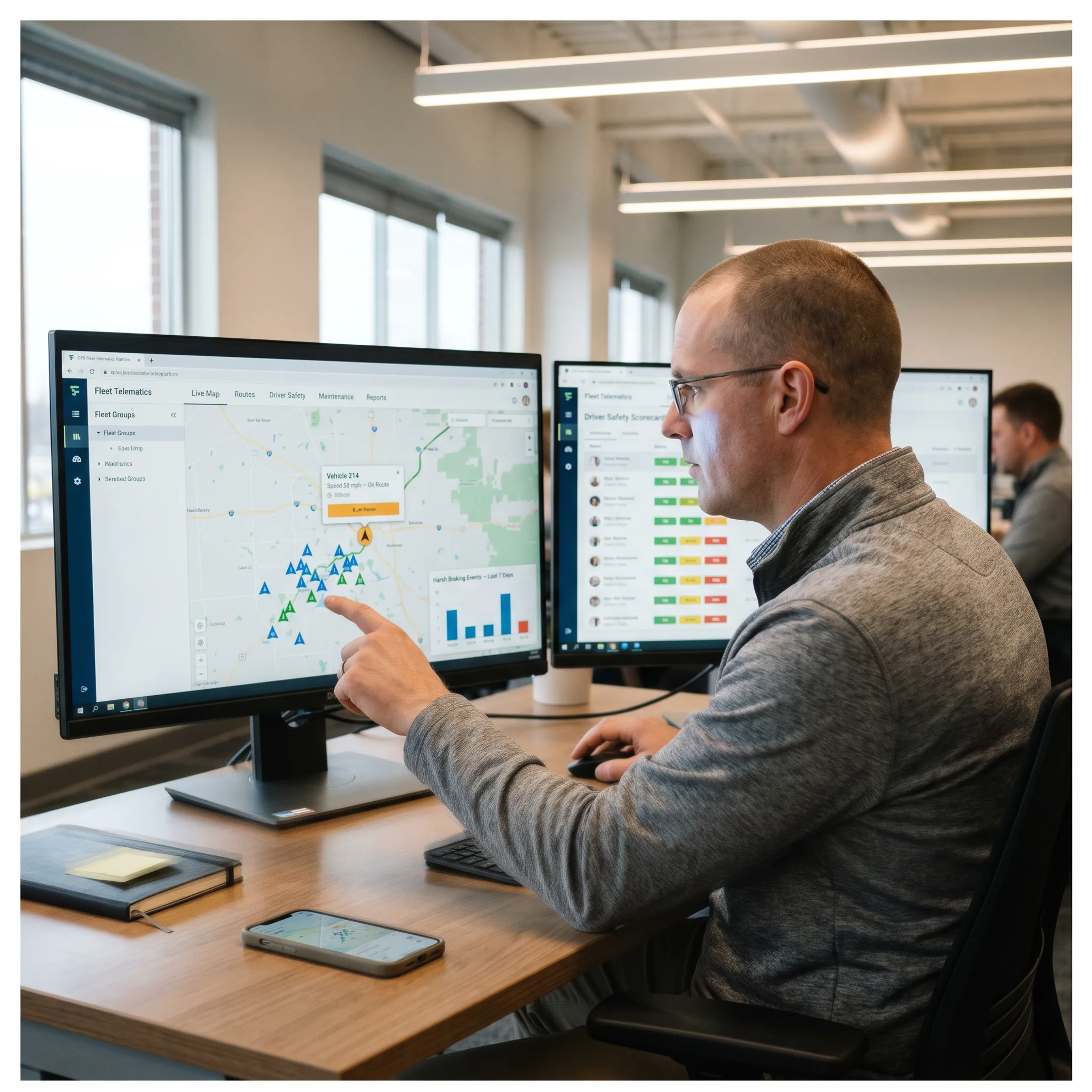 Fleet manager reviewing vehicle locations on a GPS dashboard