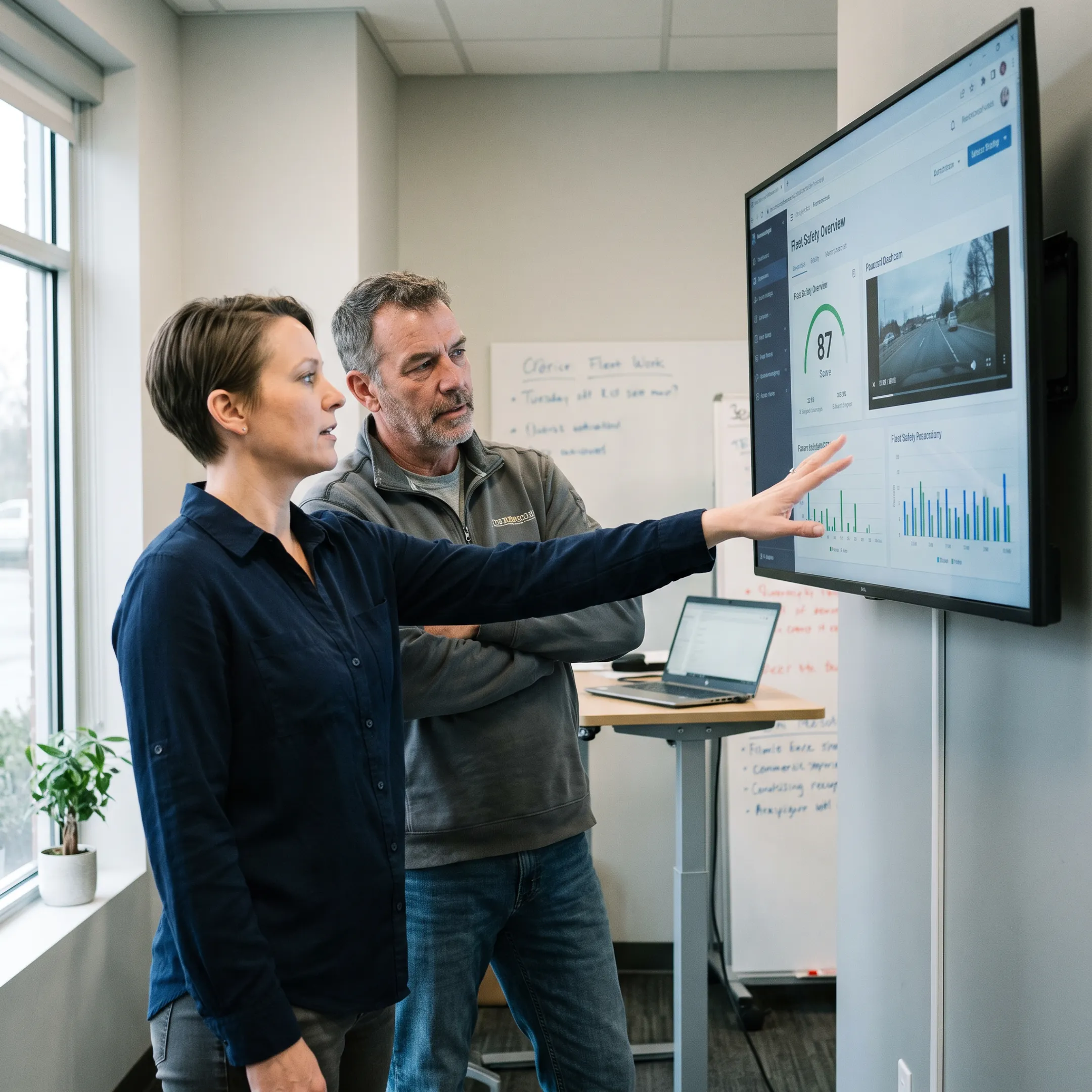 Fleet manager reviewing truck driver safety data