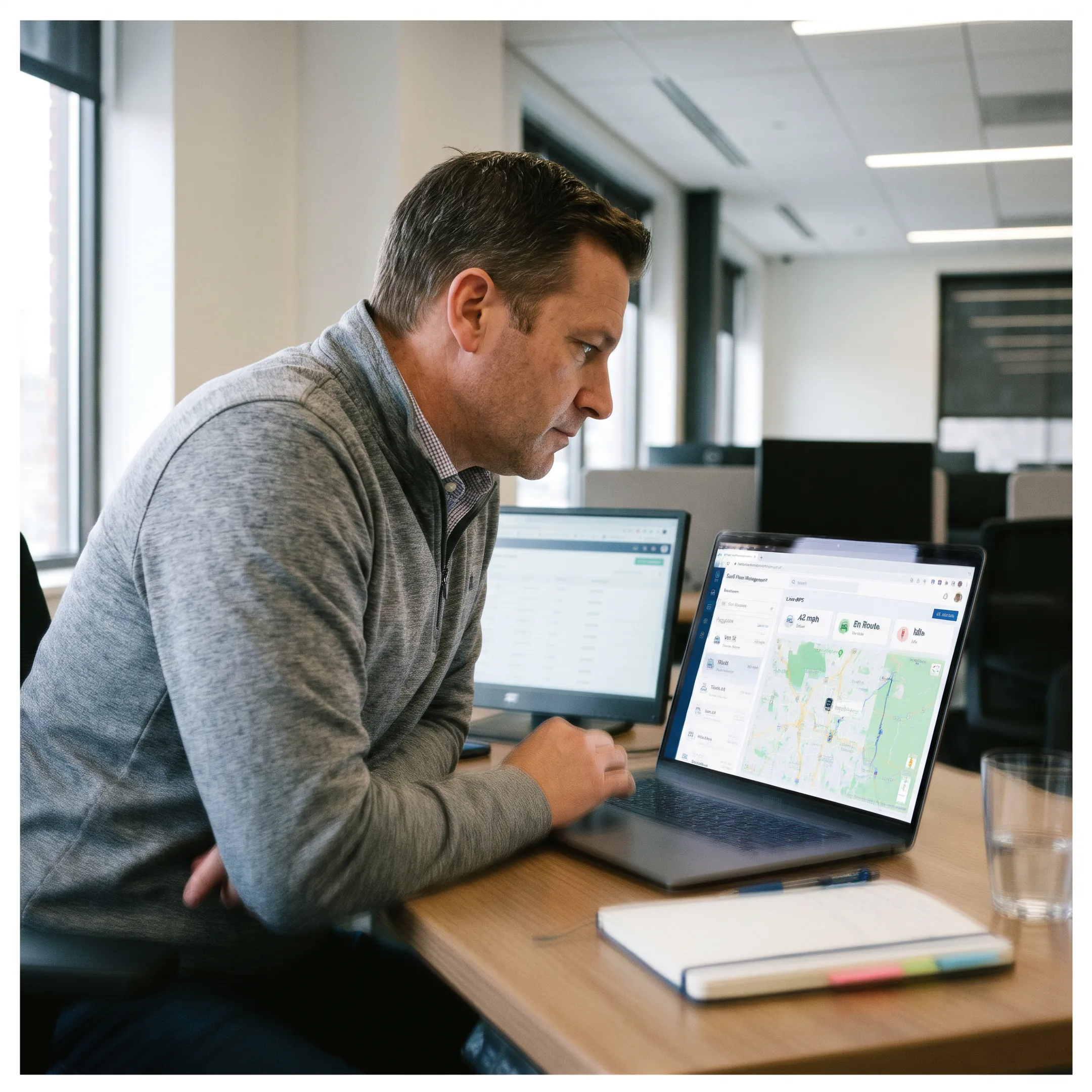 Fleet manager reviewing real-time vehicle locations