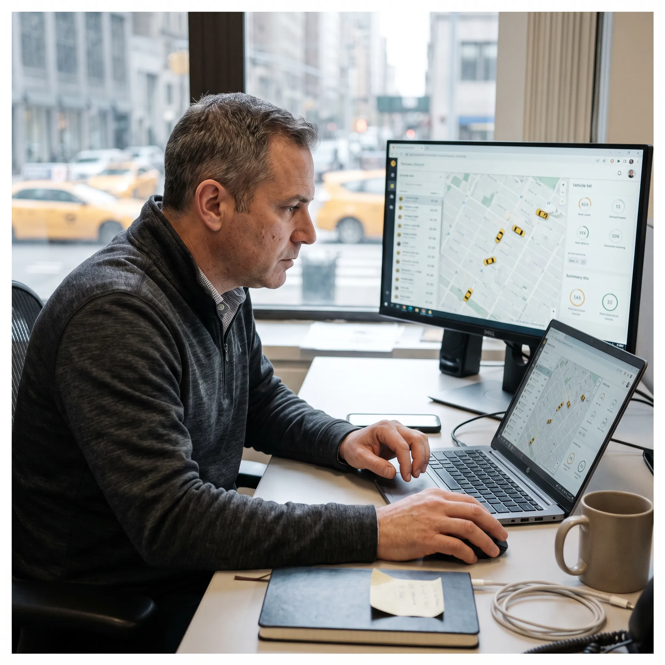 Taxi fleet manager viewing live vehicle locations