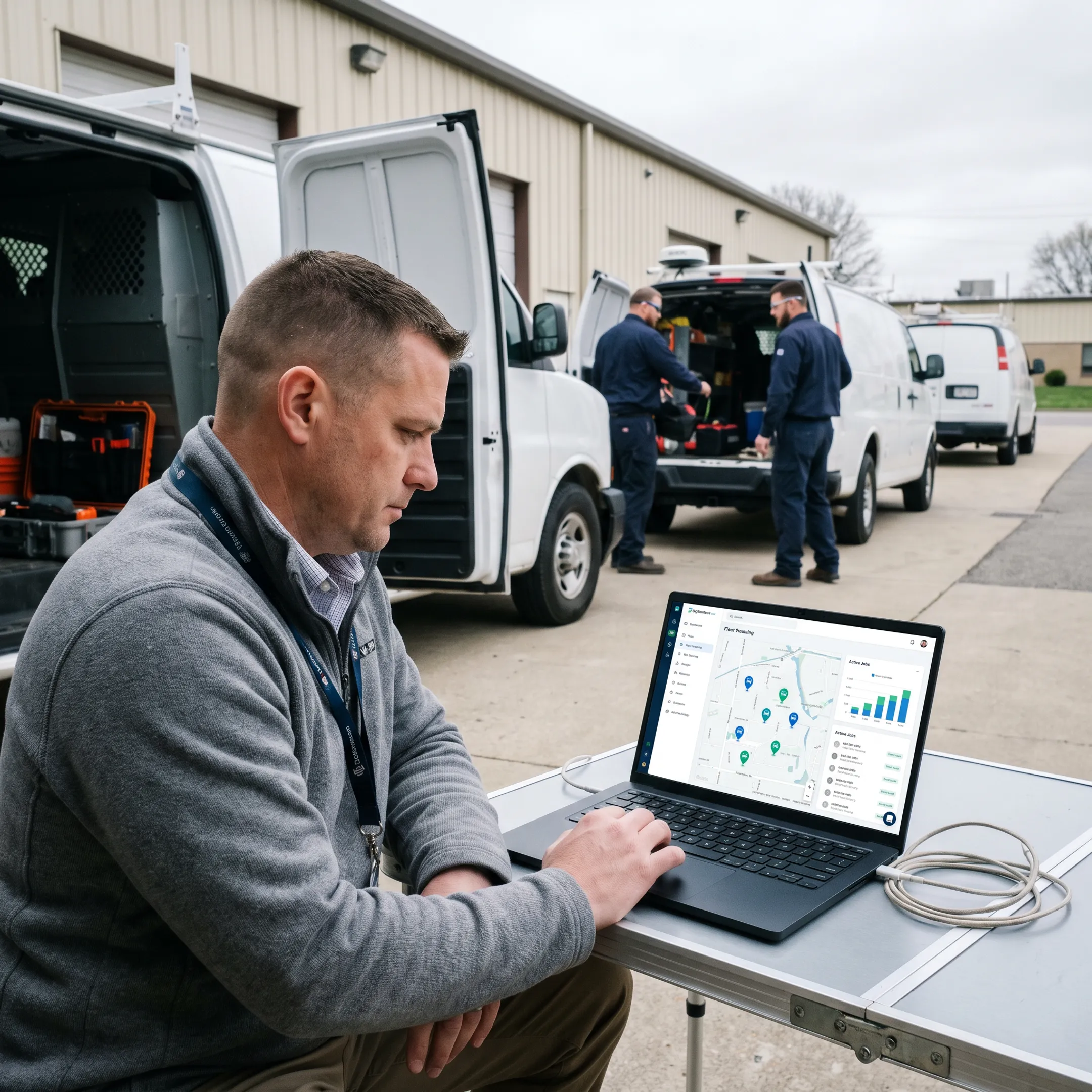 Fleet manager reviewing service vehicle locations