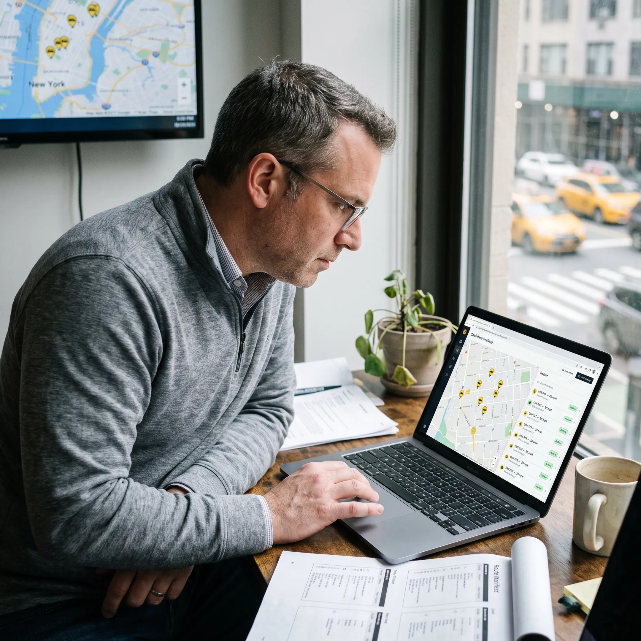 Taxi fleet manager reviewing live vehicle locations