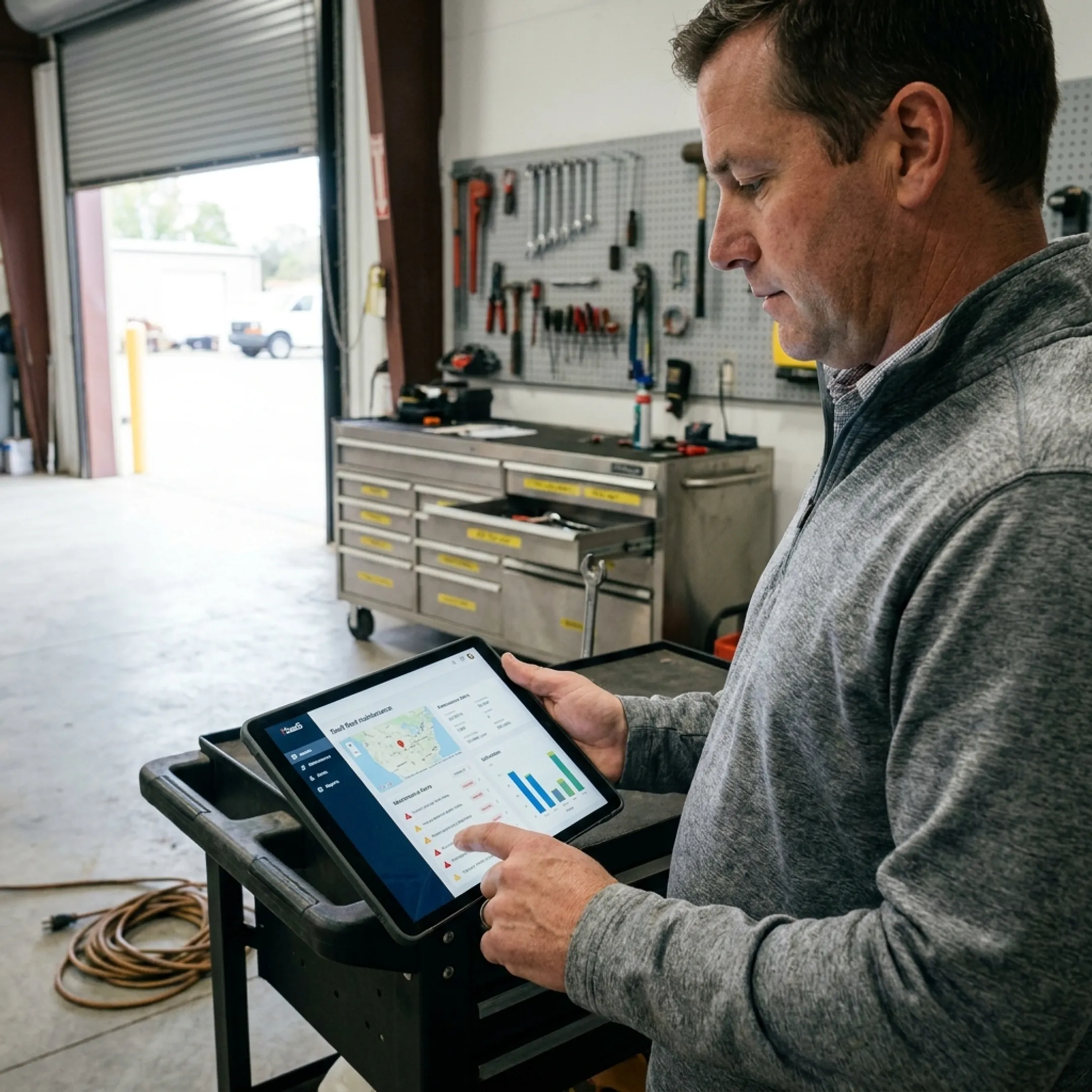 Equipment manager reviewing maintenance and asset tracking dashboard