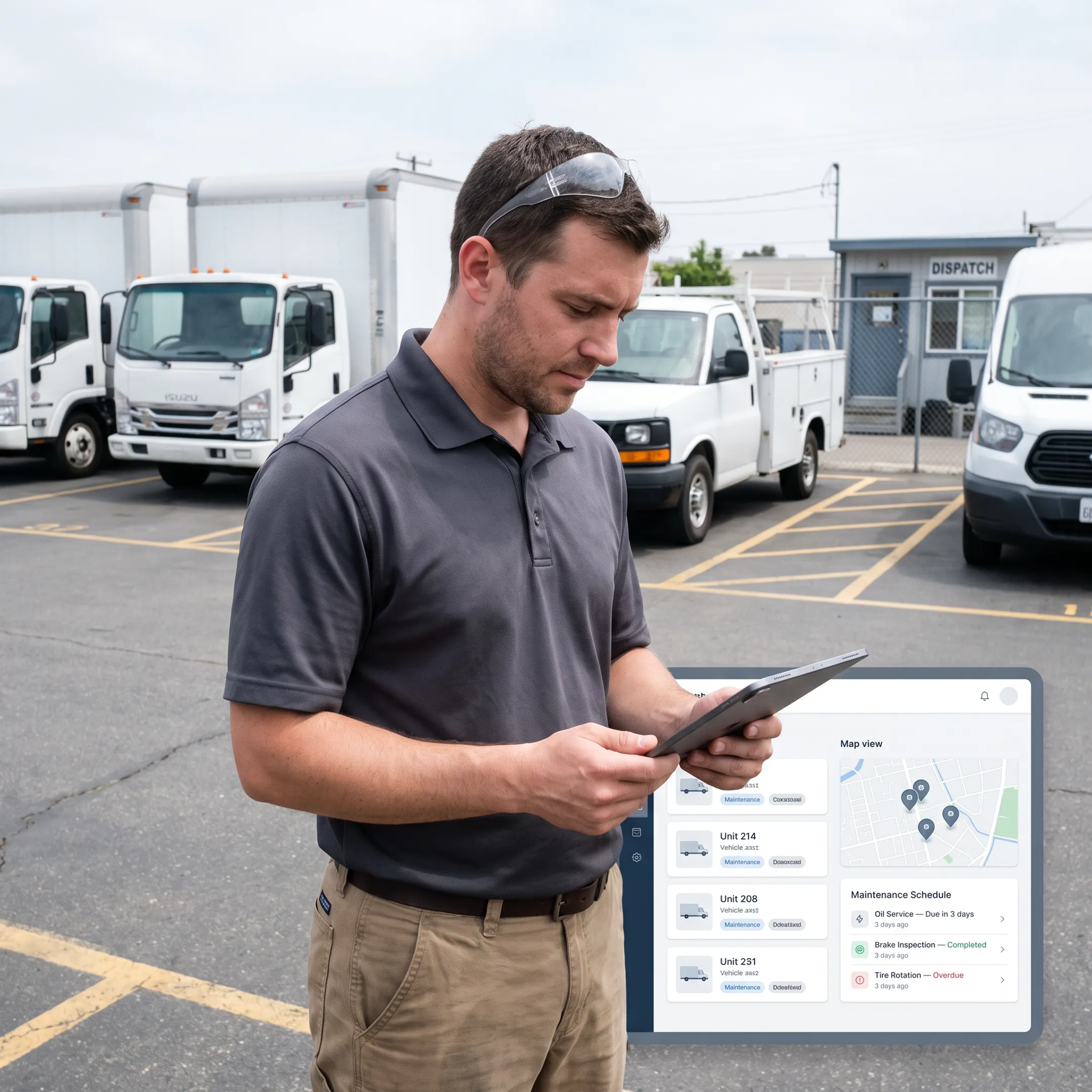 Technician reviewing equipment maintenance data on a tablet