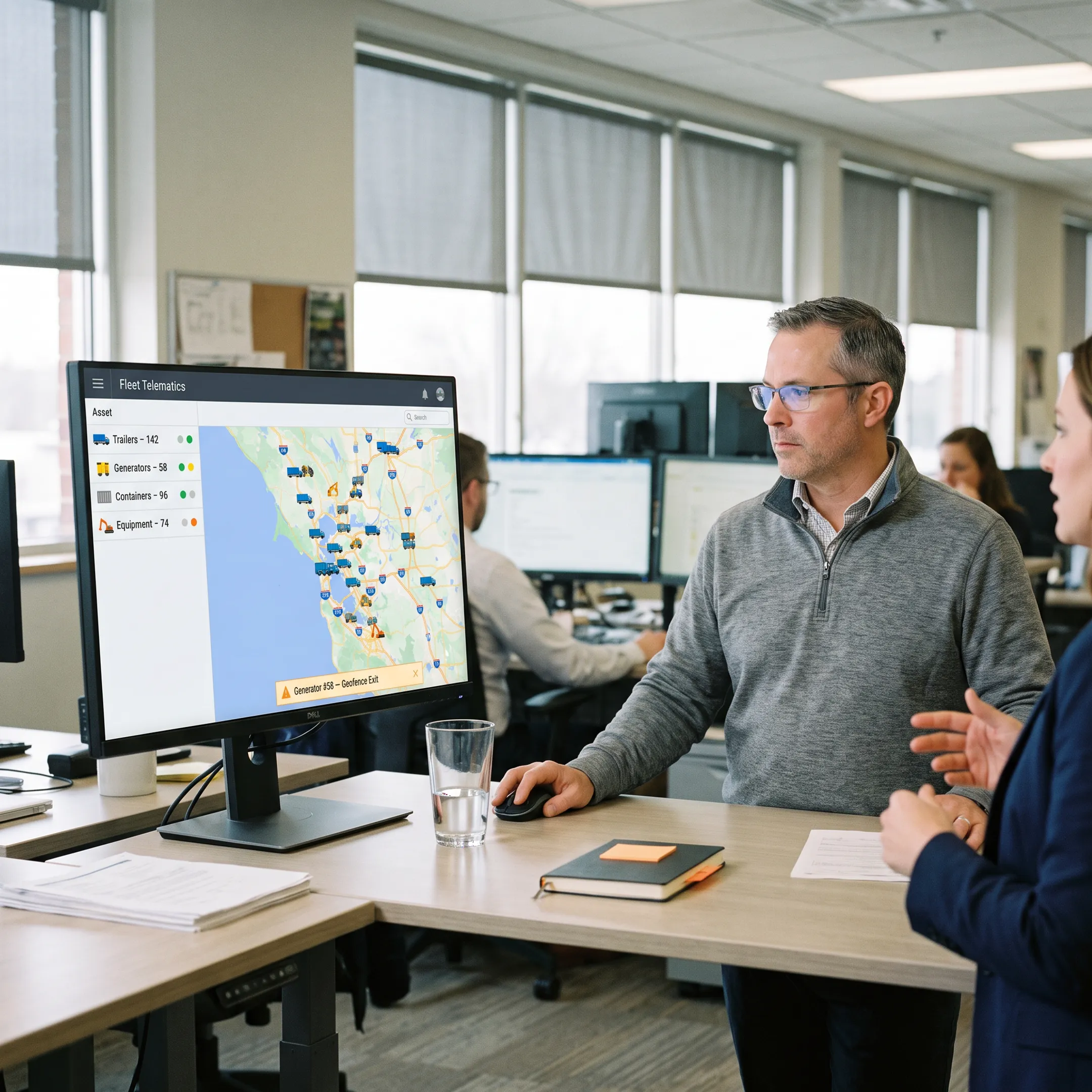 Manager reviewing asset locations on a tracking dashboard