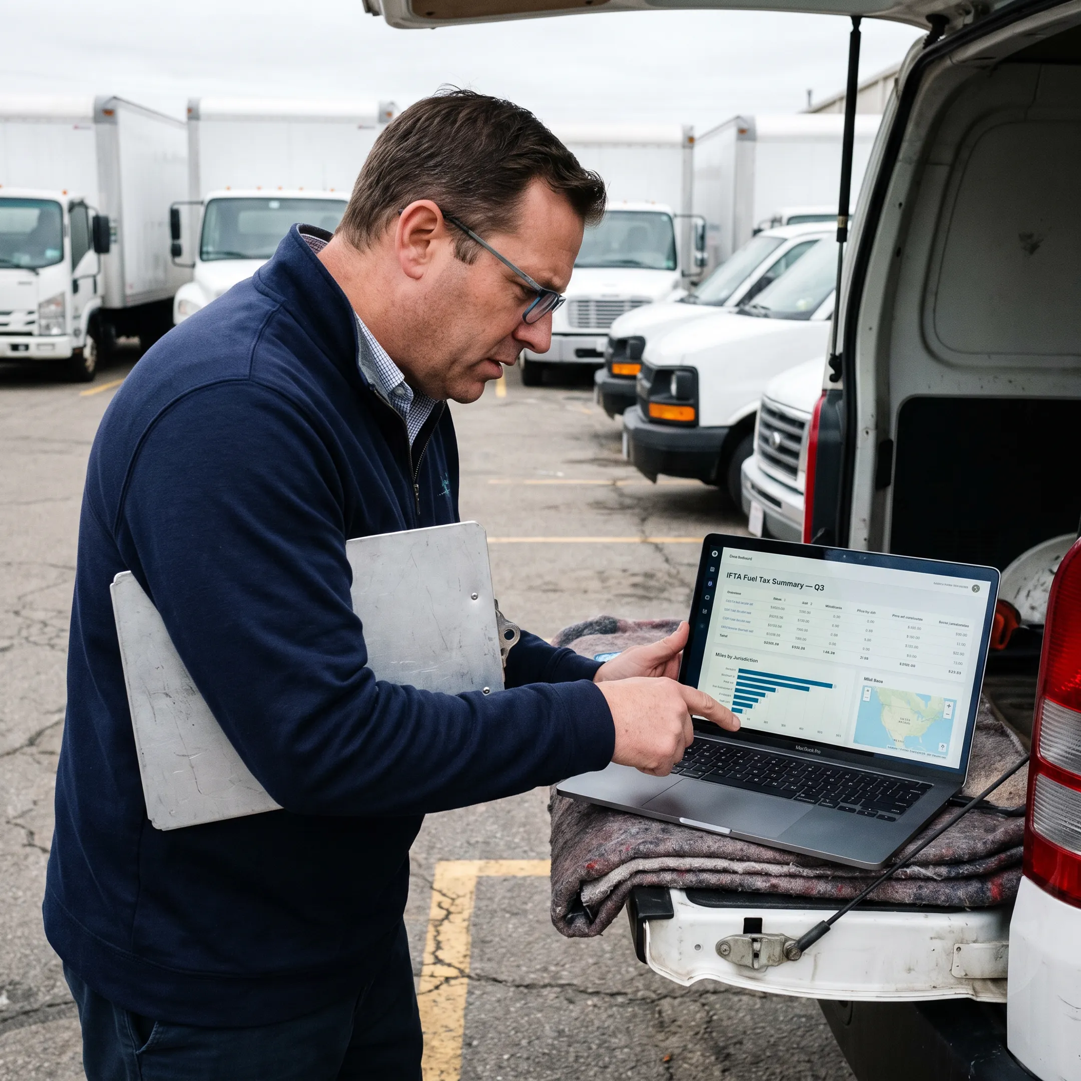 Fleet manager reviewing digital mileage reports