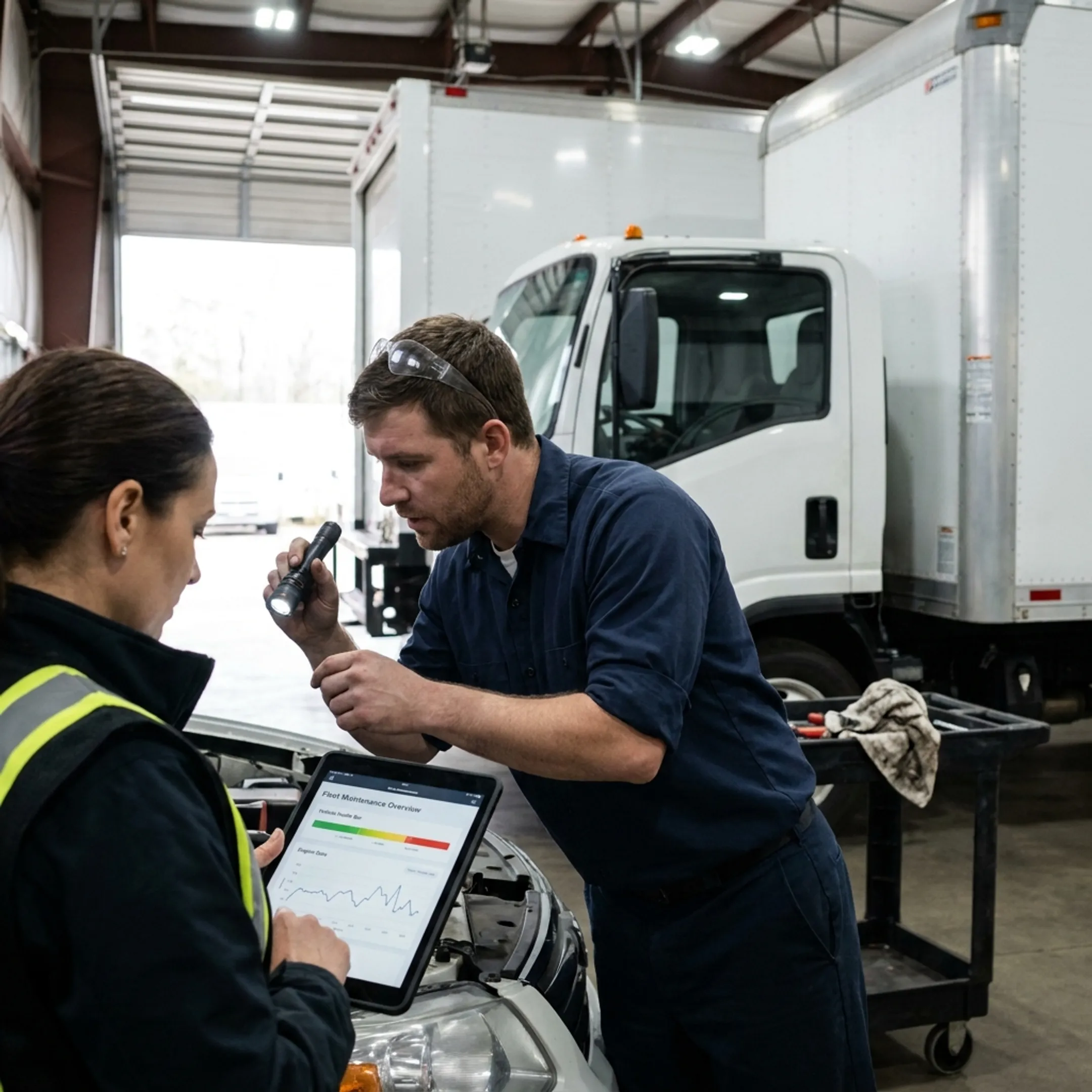 Technician servicing a commercial truck