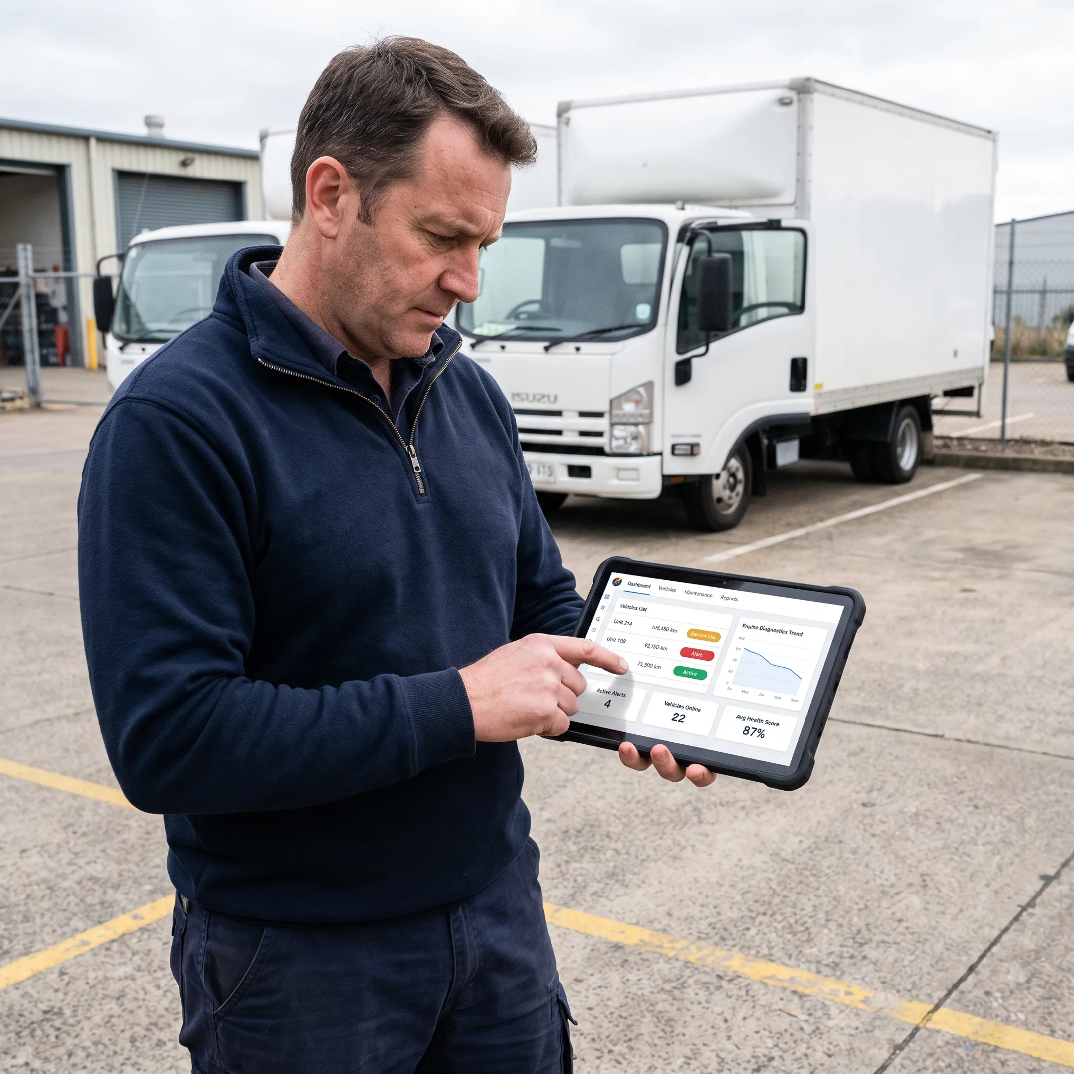 Fleet manager reviewing truck maintenance data