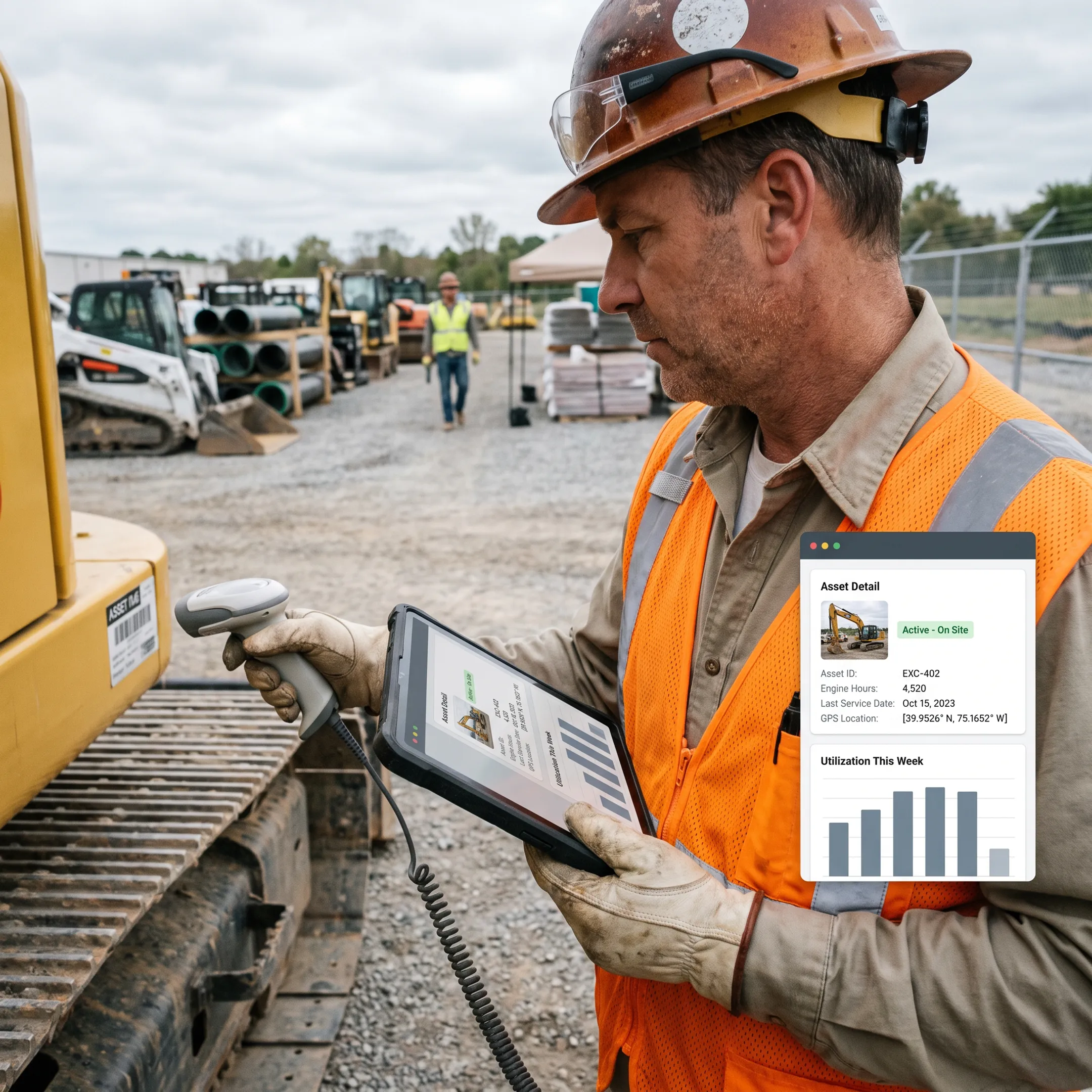 Manager scanning a barcode on jobsite equipment