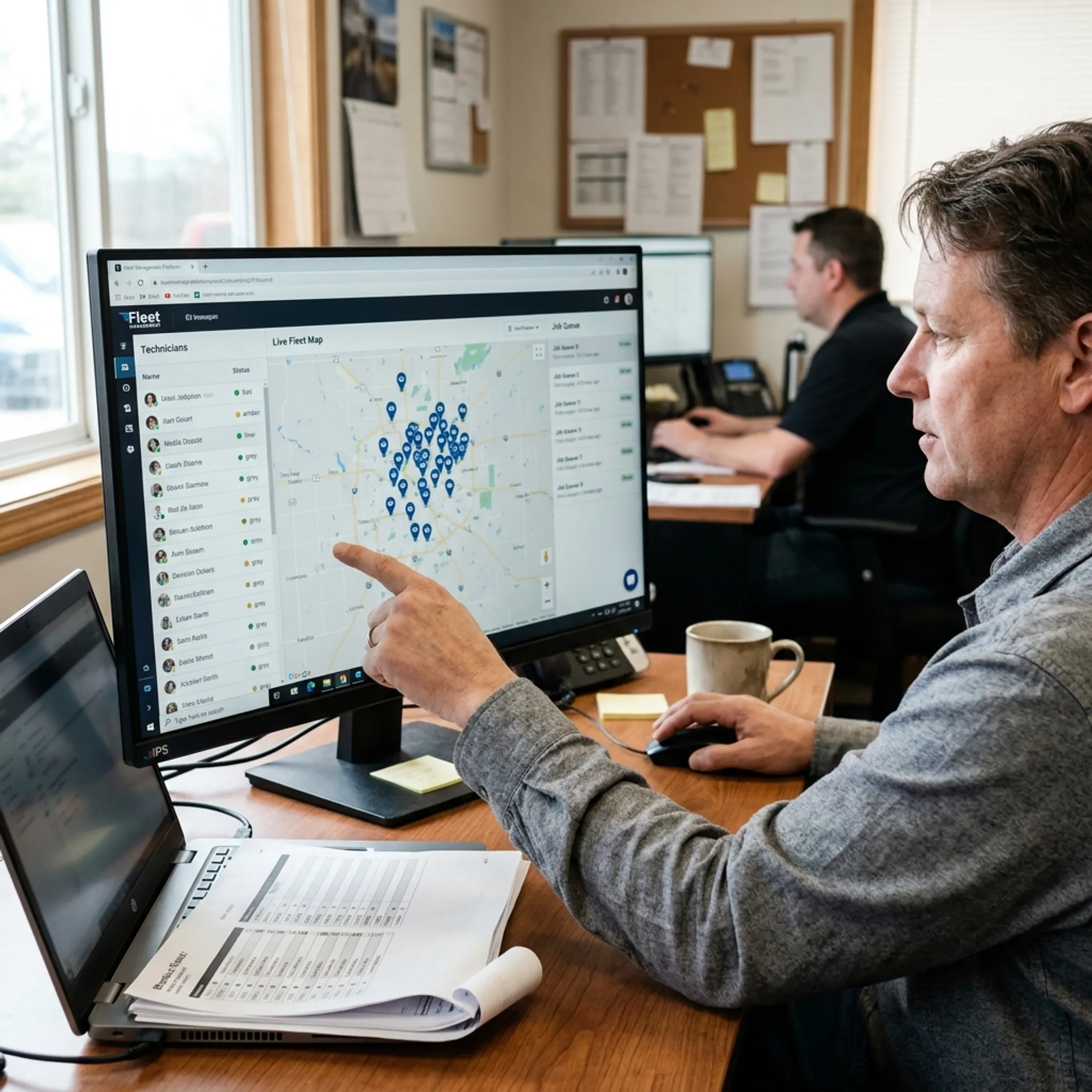 Service manager coordinating field teams with dispatch software