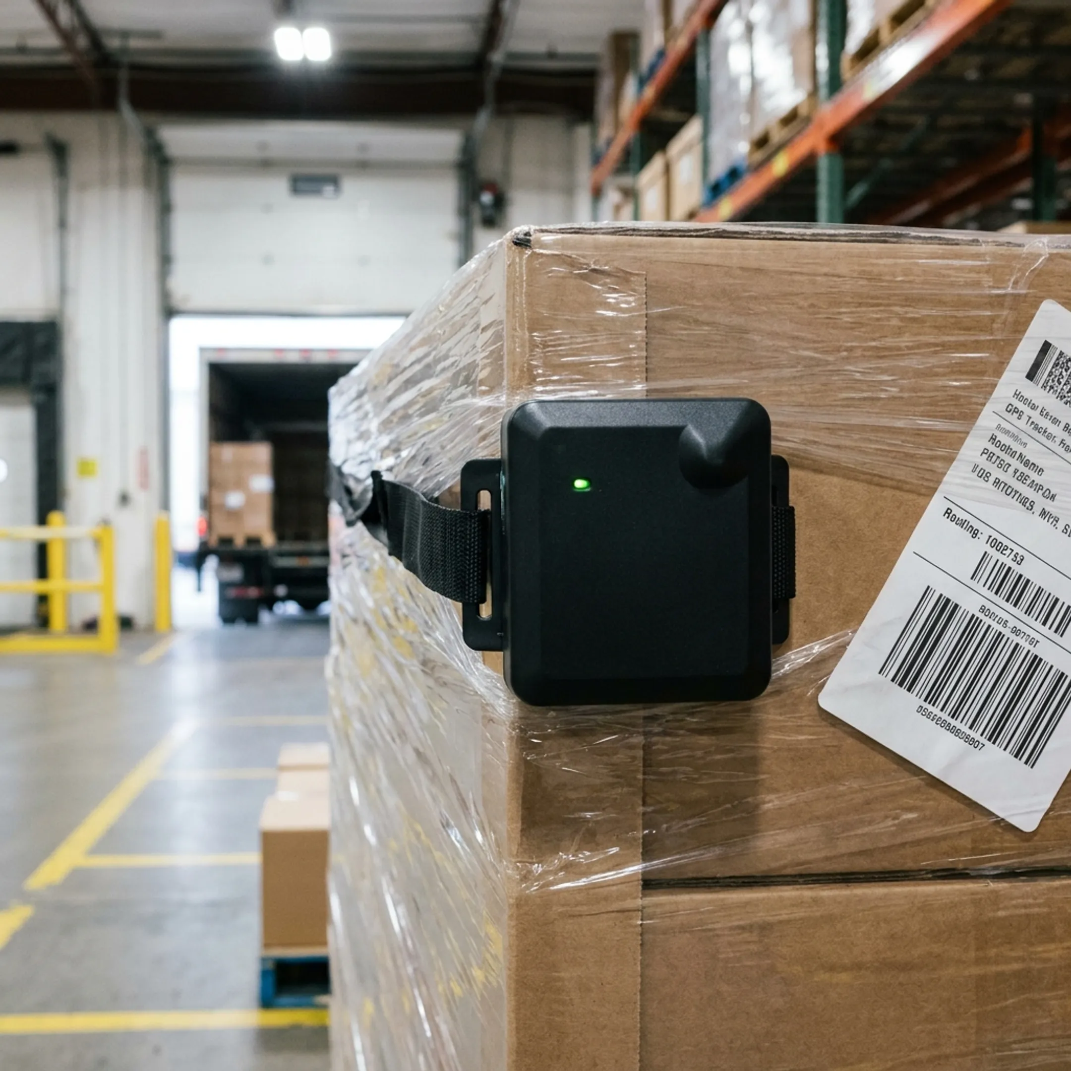 GPS tracker attached to a palletized shipment