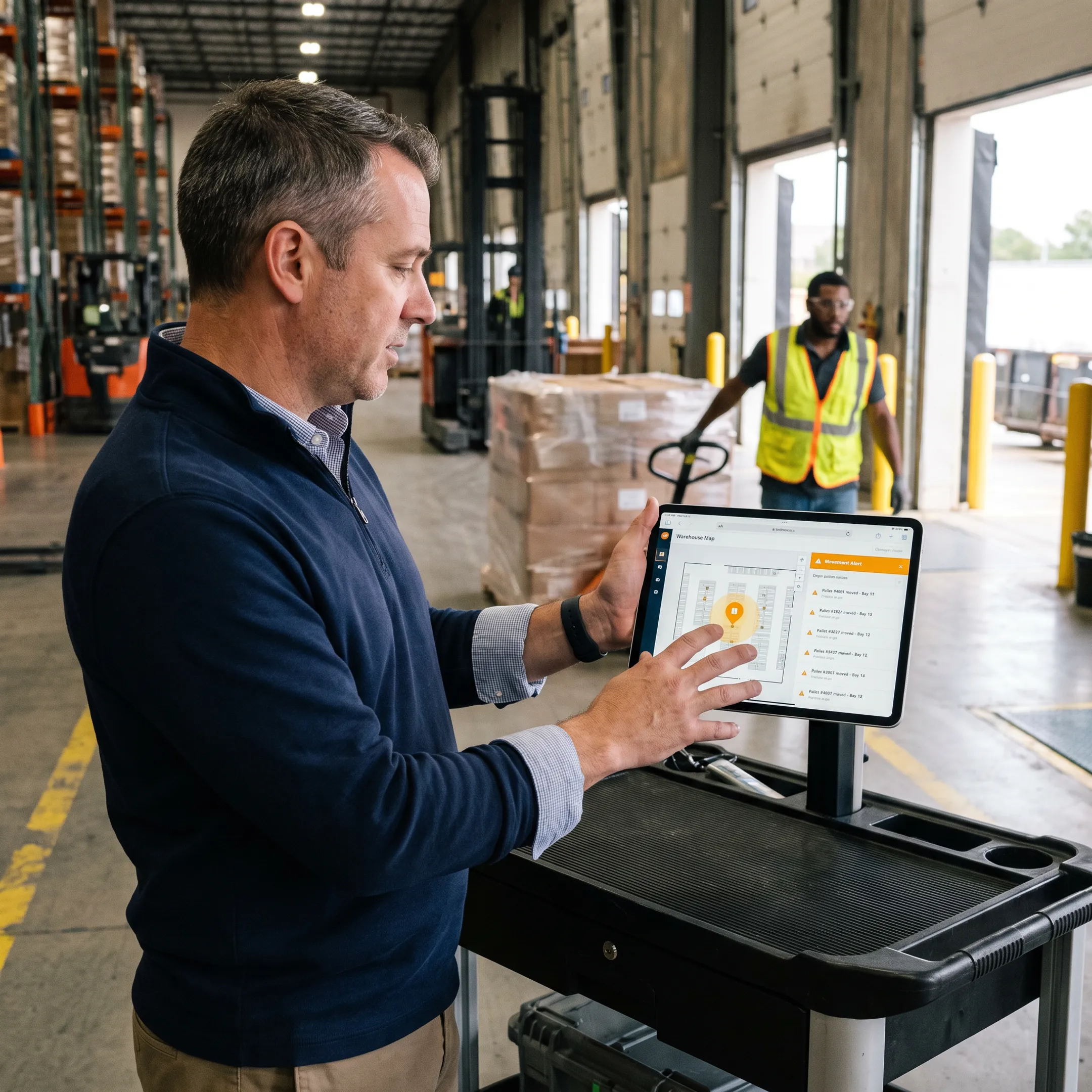 Warehouse manager tracking pallet locations on a digital map