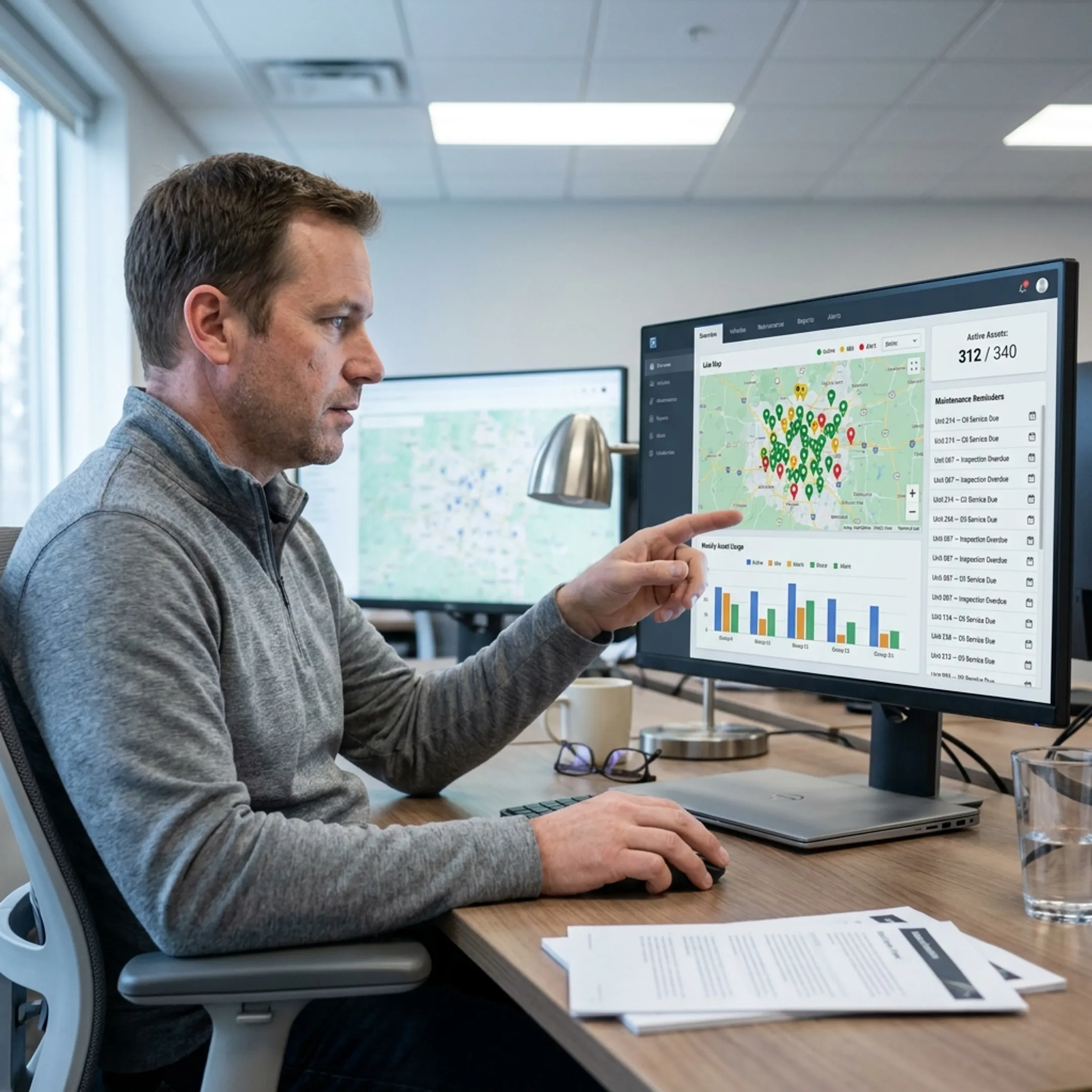 Operations manager viewing equipment tracking dashboard