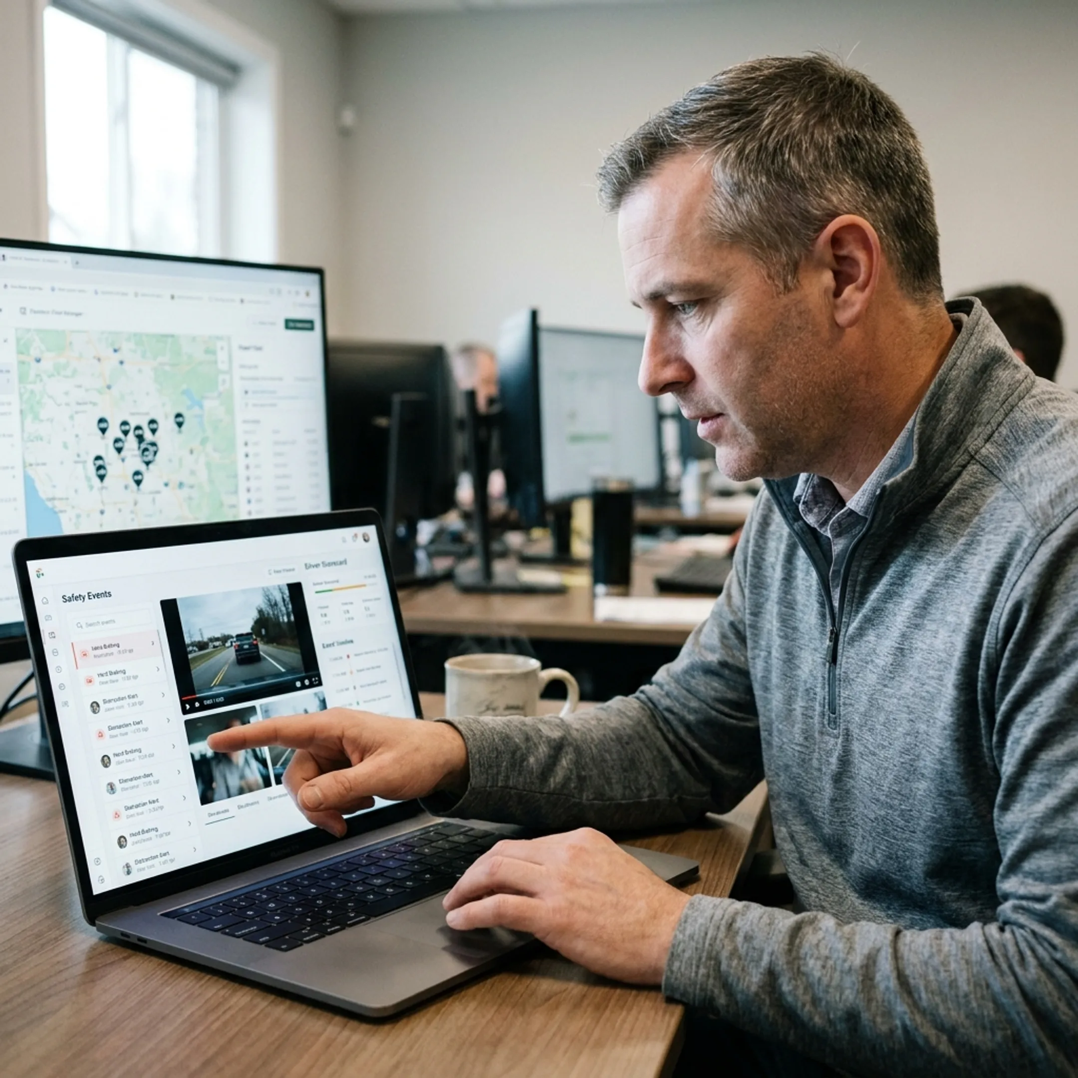 Fleet manager reviewing dash cam footage
