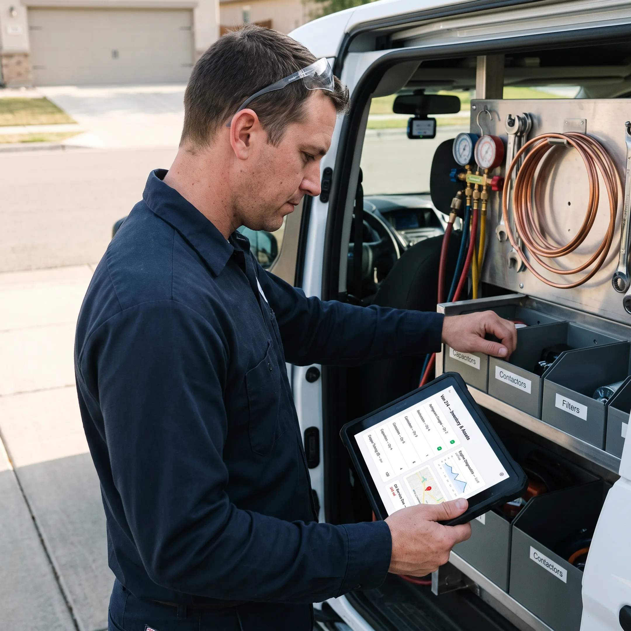 HVAC technician organizing tracked equipment in a service van