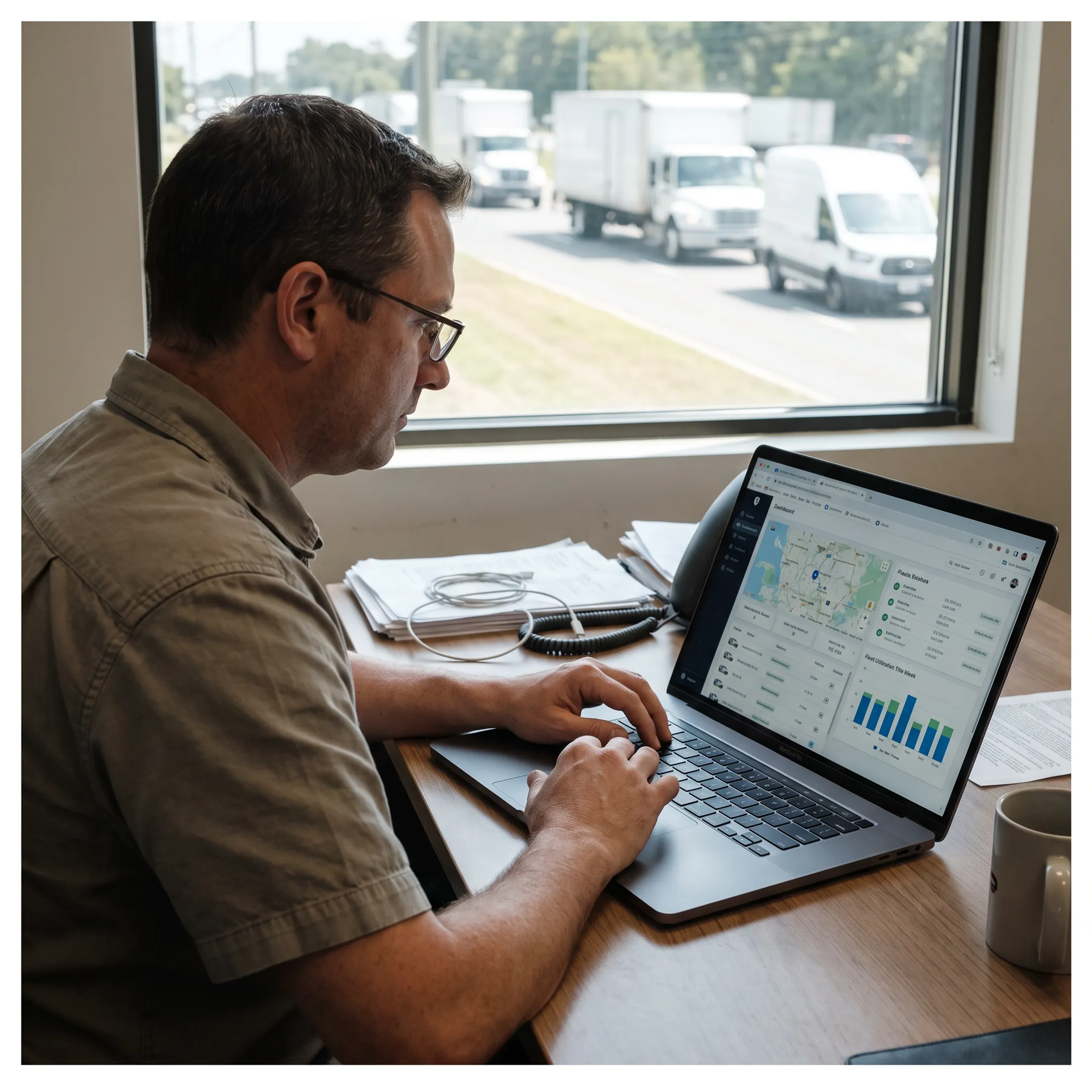 Fleet manager viewing vehicle locations on a GPS tracking dashboard