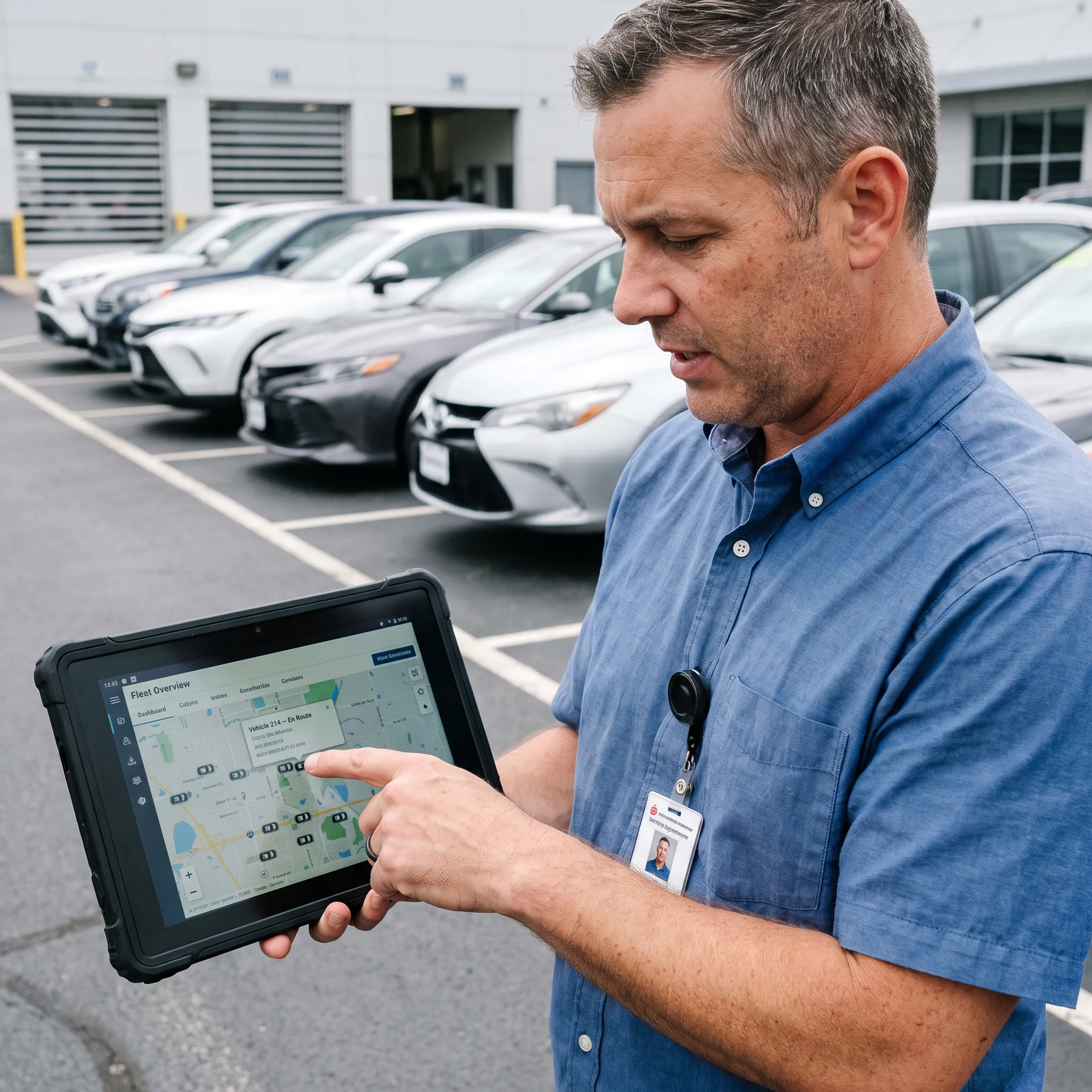 Automotive dealer reviewing vehicle locations on GPS dashboard